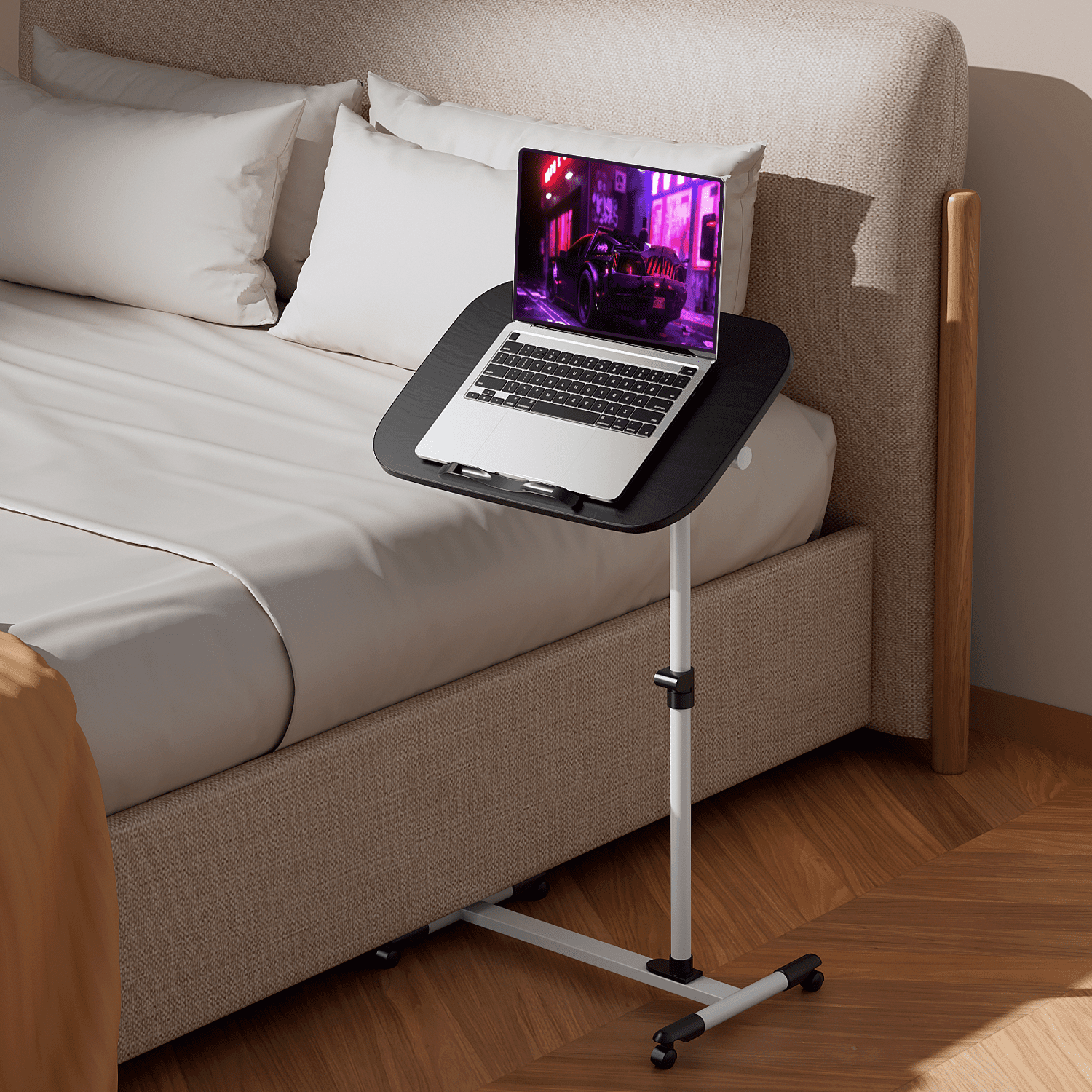 Adjustable Black and White MDF Laptop Desk with Wheels