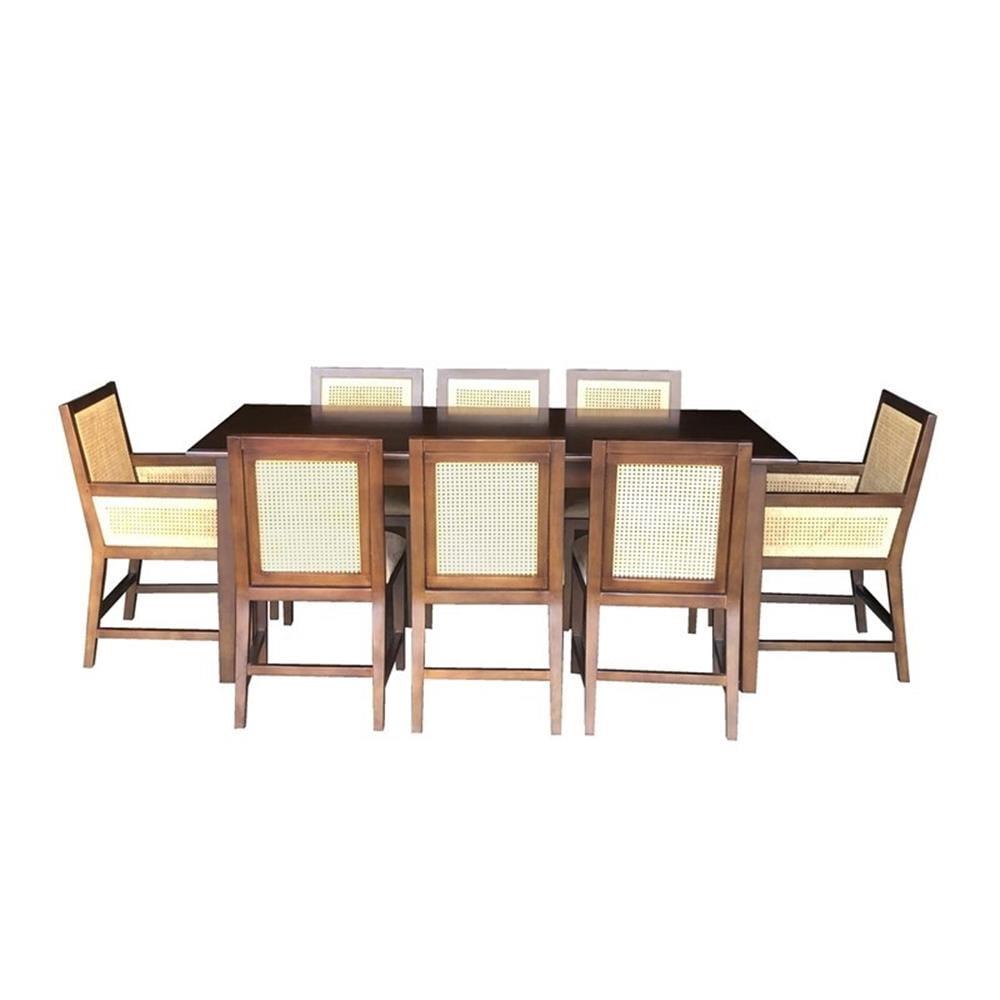 Mahogany and Rattan 9-Piece Dining Set with Tan Microfiber Cushions