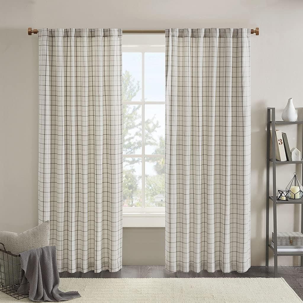 Natural Plaid Polyester Light-Filtering Curtain Panel with Fleece Lining