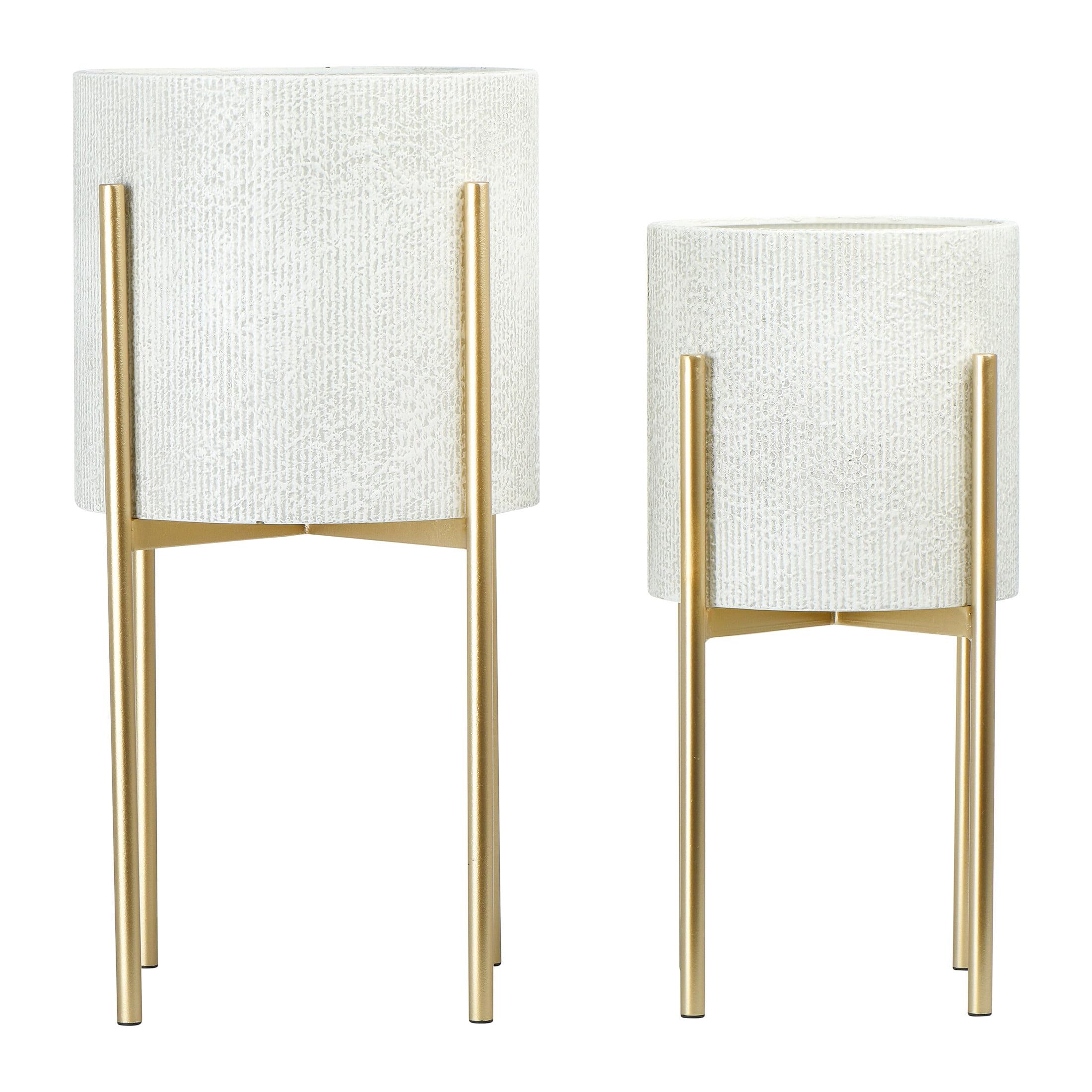 Main + Mesa Modern Boho Embossed Metal Planters with Stands, White and Gold, Set of 2 Sizes