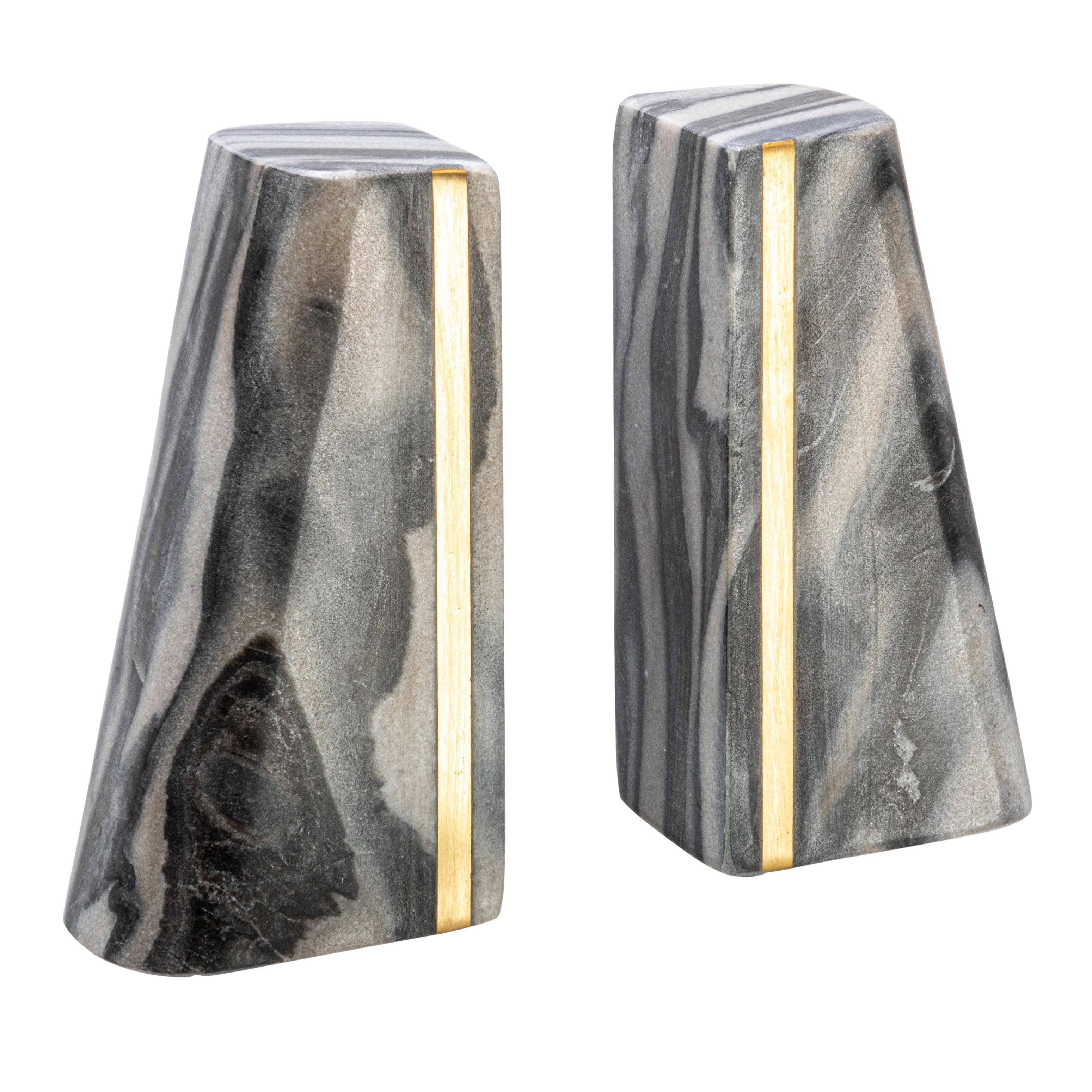 Main + Mesa Modern Marble Bookends with Brass Detail, Set of 2, Grey