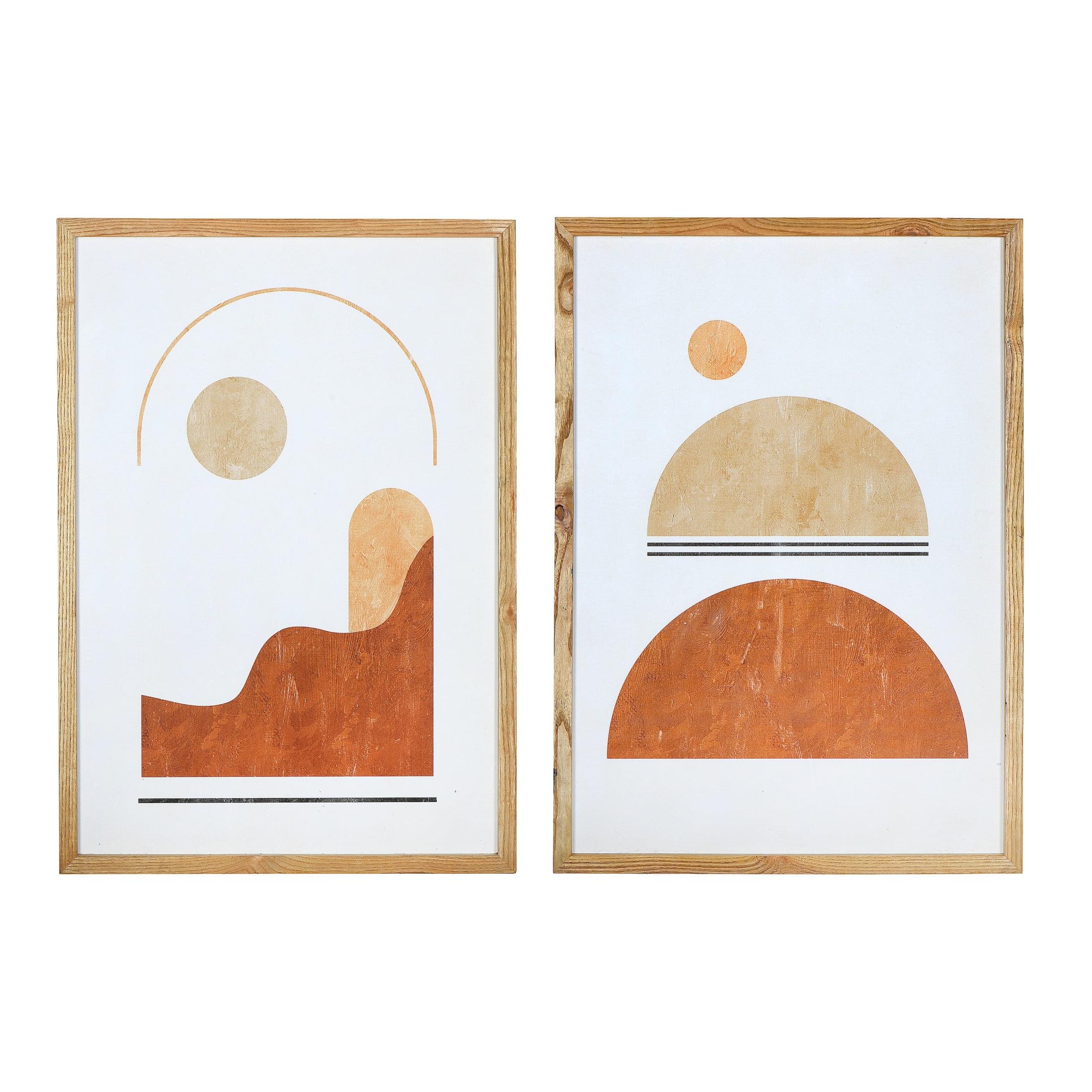 Natural Wood Framed Terracotta Abstract Wall Art Set