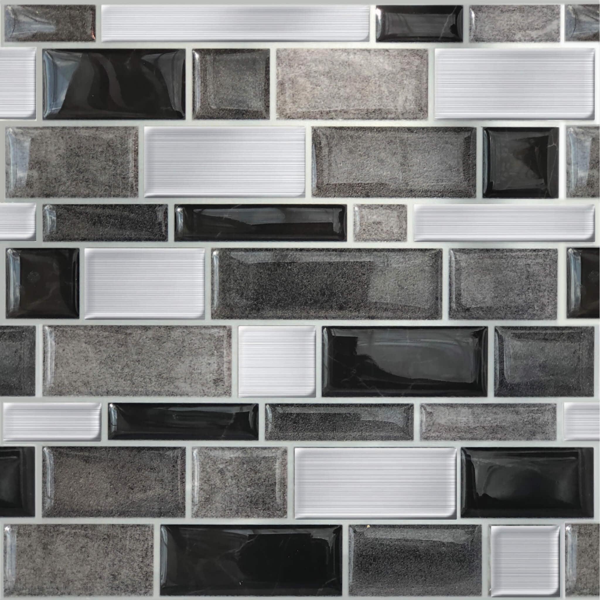 Main Street 10.5" x 10.5" Silver & Black Mosaic Vinyl Peel and Stick Tiles (4-Pack). Removable Tiles for Walls or Backsplash