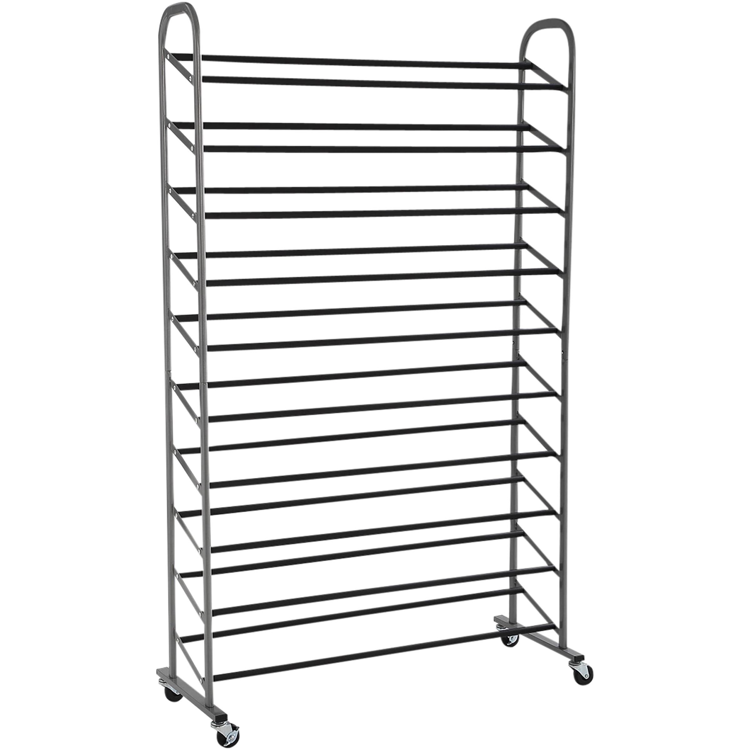 Silver 10-Tier Rolling Metal Shoe Rack