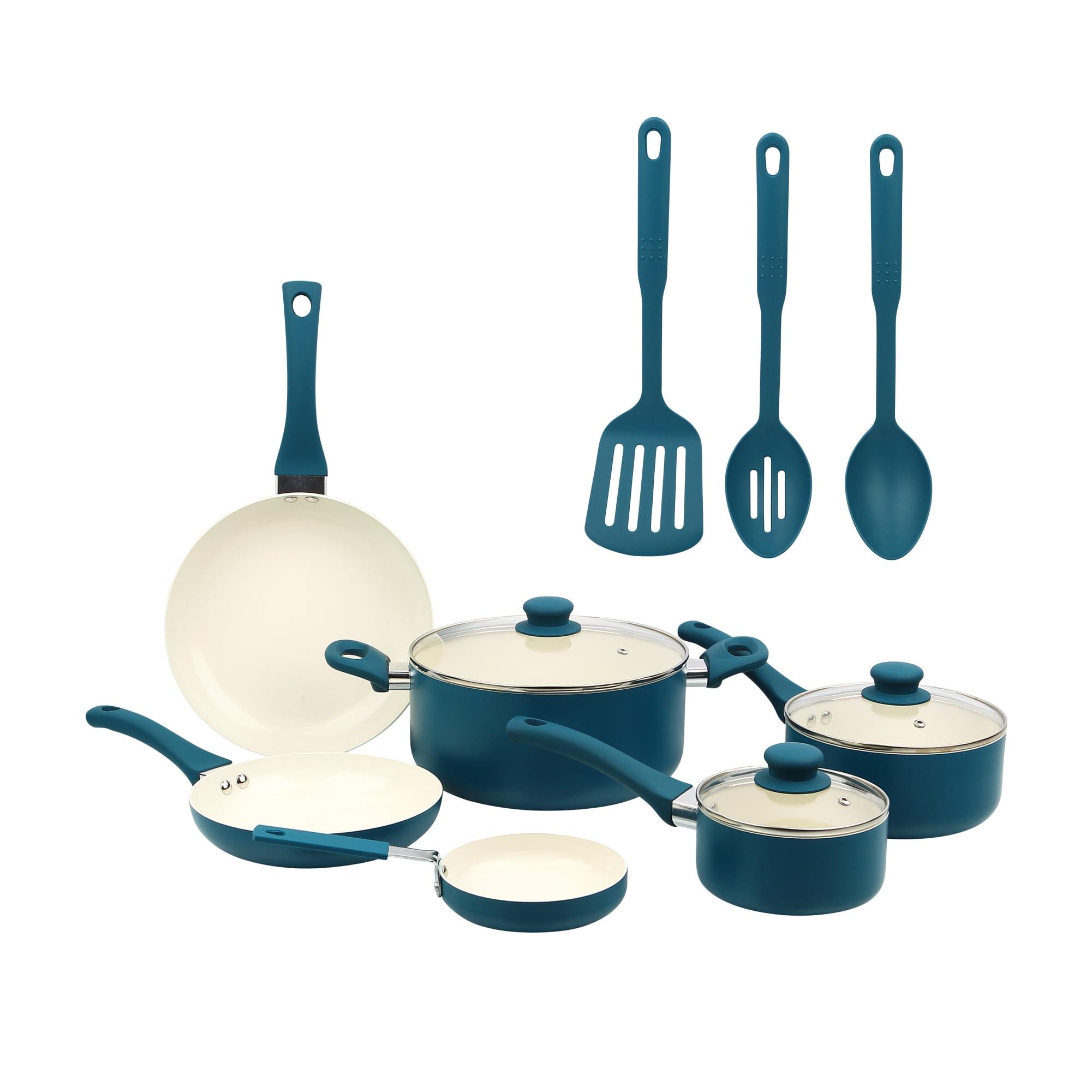 Mainstays 12 Piece Ceramic Nonstick Aluminum Pots and Pans Cookware Set, Blue