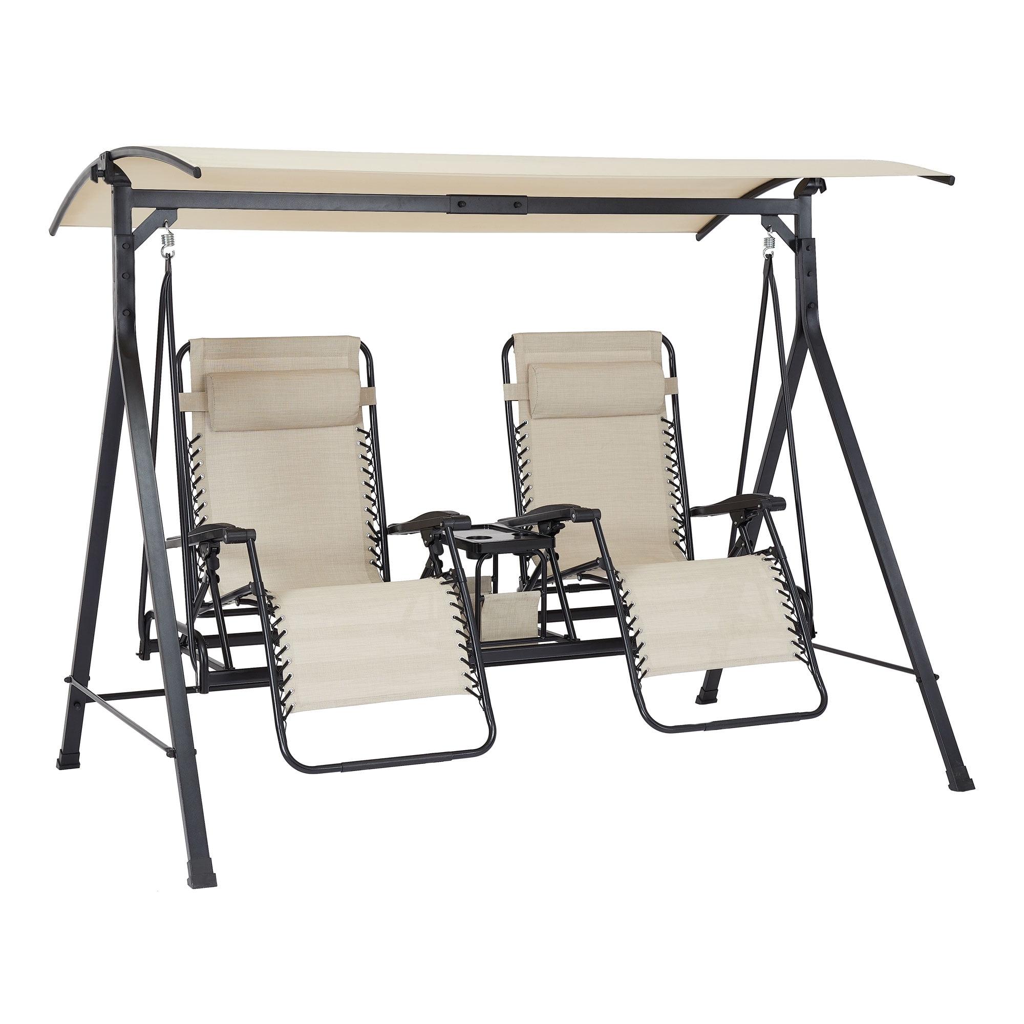 Beige and Black Steel 2-Seat Canopy Porch Swing with Center Table