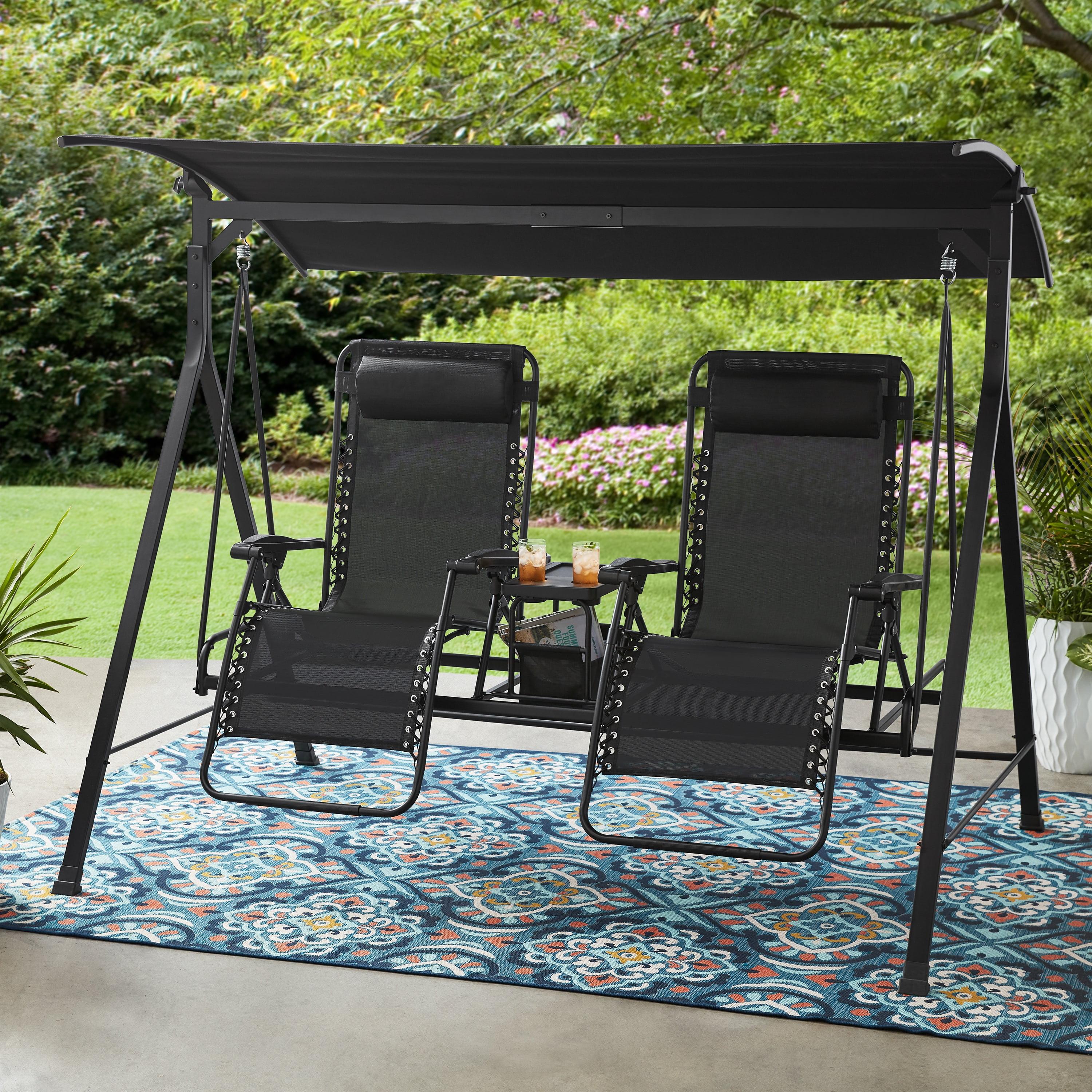 Black Steel Freestanding 2-Seat Reclining Canopy Porch Swing