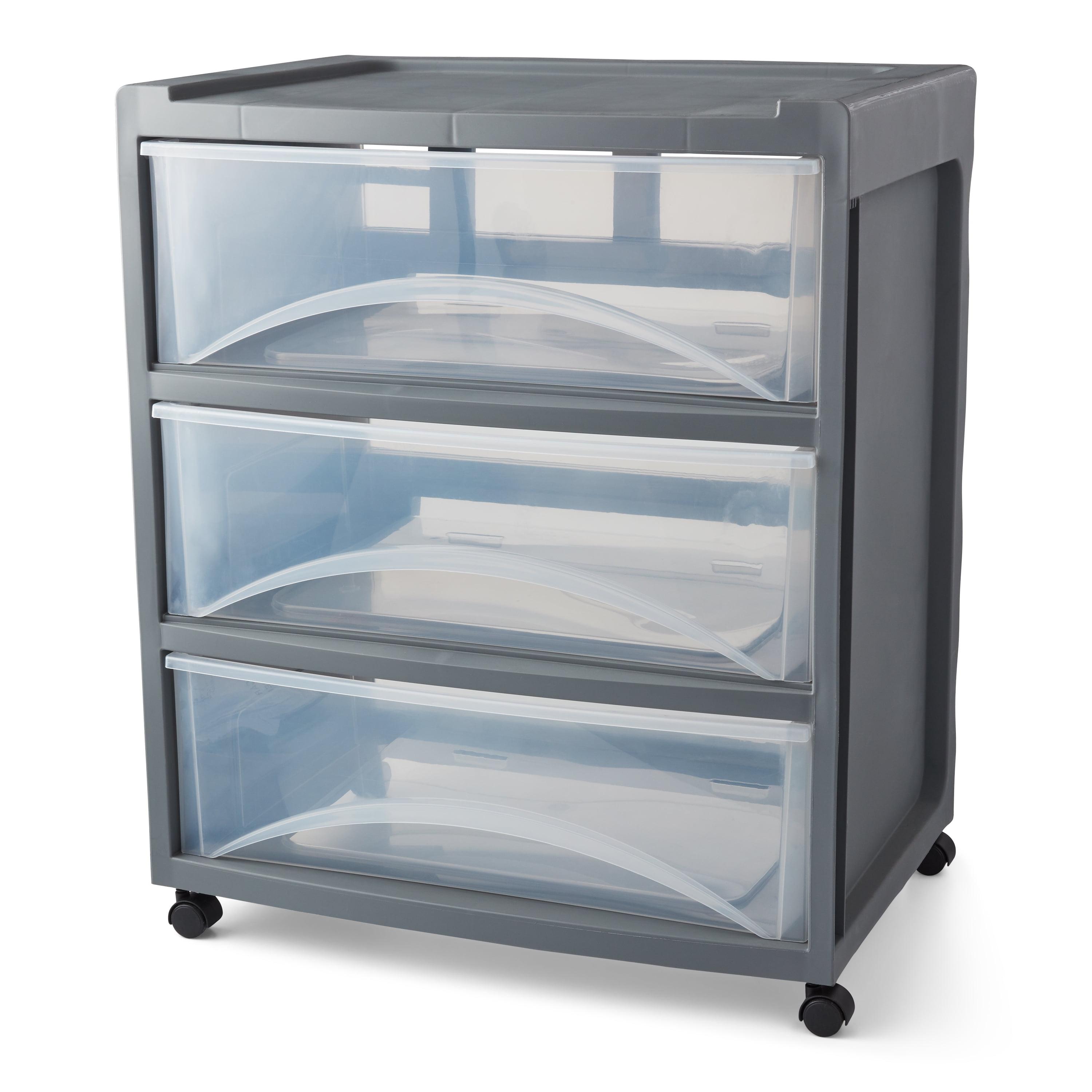 Gray 3-Drawer Wide Plastic Storage Cart with Clear Fronts