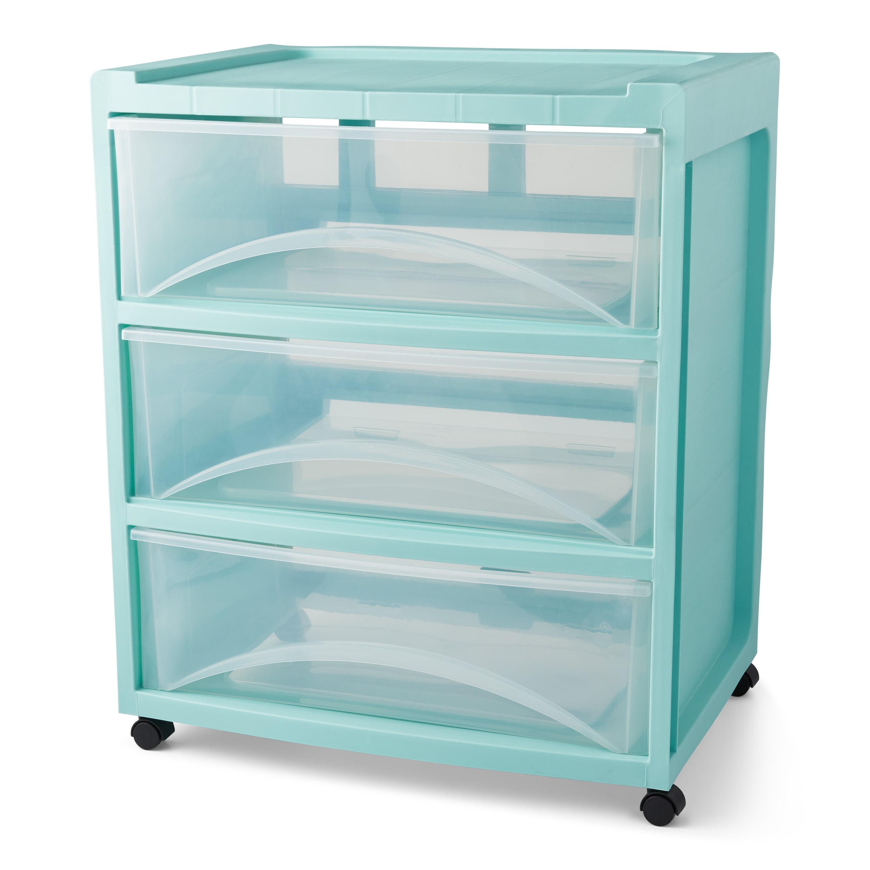 Mainstays 3-Drawer Wide Plastic Storage Cart, Mint, with Casters