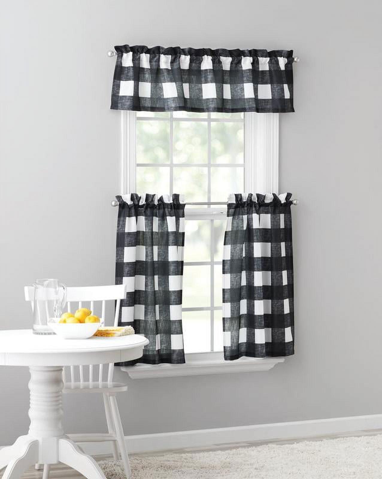 Mainstays Light Filtering Curtain Tier Pair and Valance Set, 3-Piece, Black/White, 56" W x 36" L