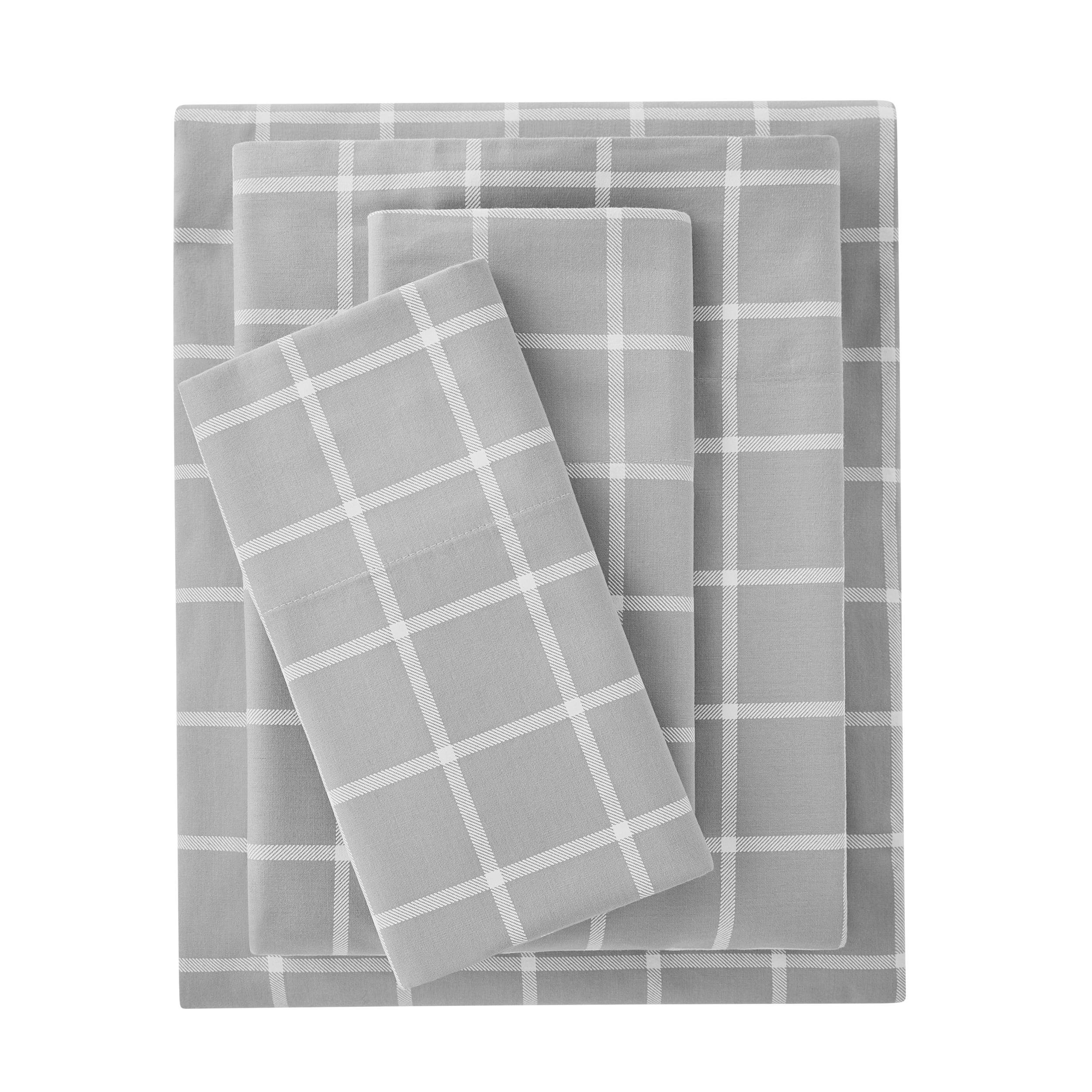 Mainstays, 300 Thread Count, Cotton Blend, Percale, Easy Care, Adult / Teen, Sheet Set, Print , Soft Silver Window Pane , Queen