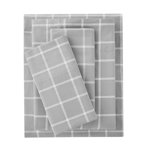 Mainstays, 300 Thread Count, Cotton Blend, Percale, Easy Care, Adult / Teen, Sheet Set, Print , Soft Silver Window Pane , Queen