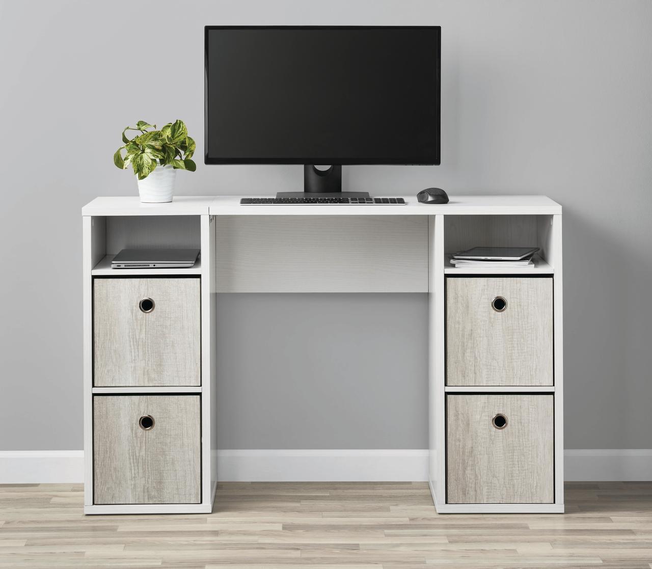 White Wood Grain Rectangular Computer Desk with Storage Shelves