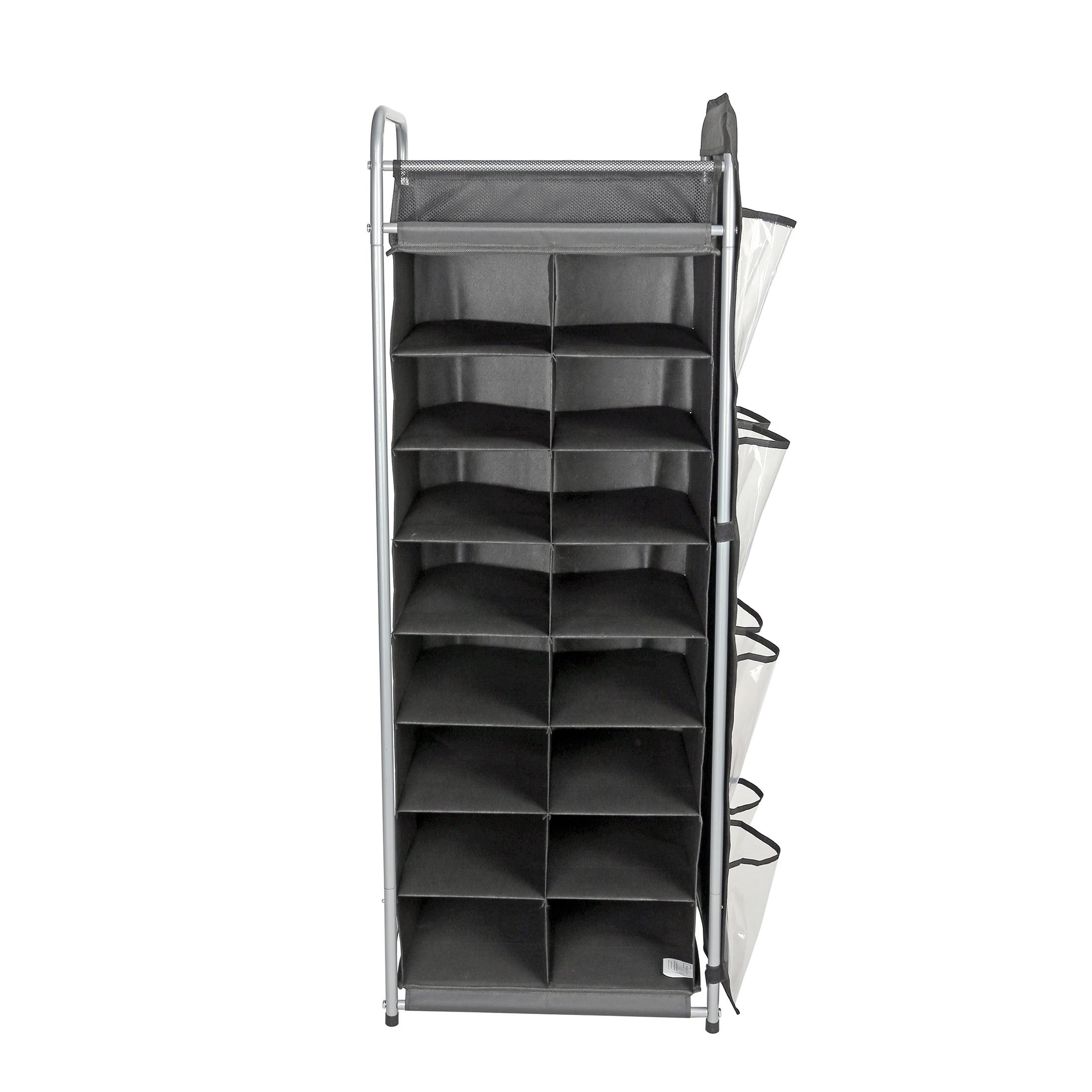 Mainstays 8 Tier, 20 Pair Shoe Cubbies with Hanging Pocket, Rich Black and Silver, Adult and Child Rack - style Storage Organizer