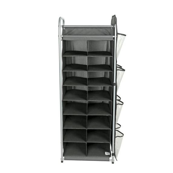 Mainstays 8 Tier, 20 Pair Shoe Cubbies with Hanging Pocket, Rich Black and Silver, Adult and Child Rack - style Storage Organizer