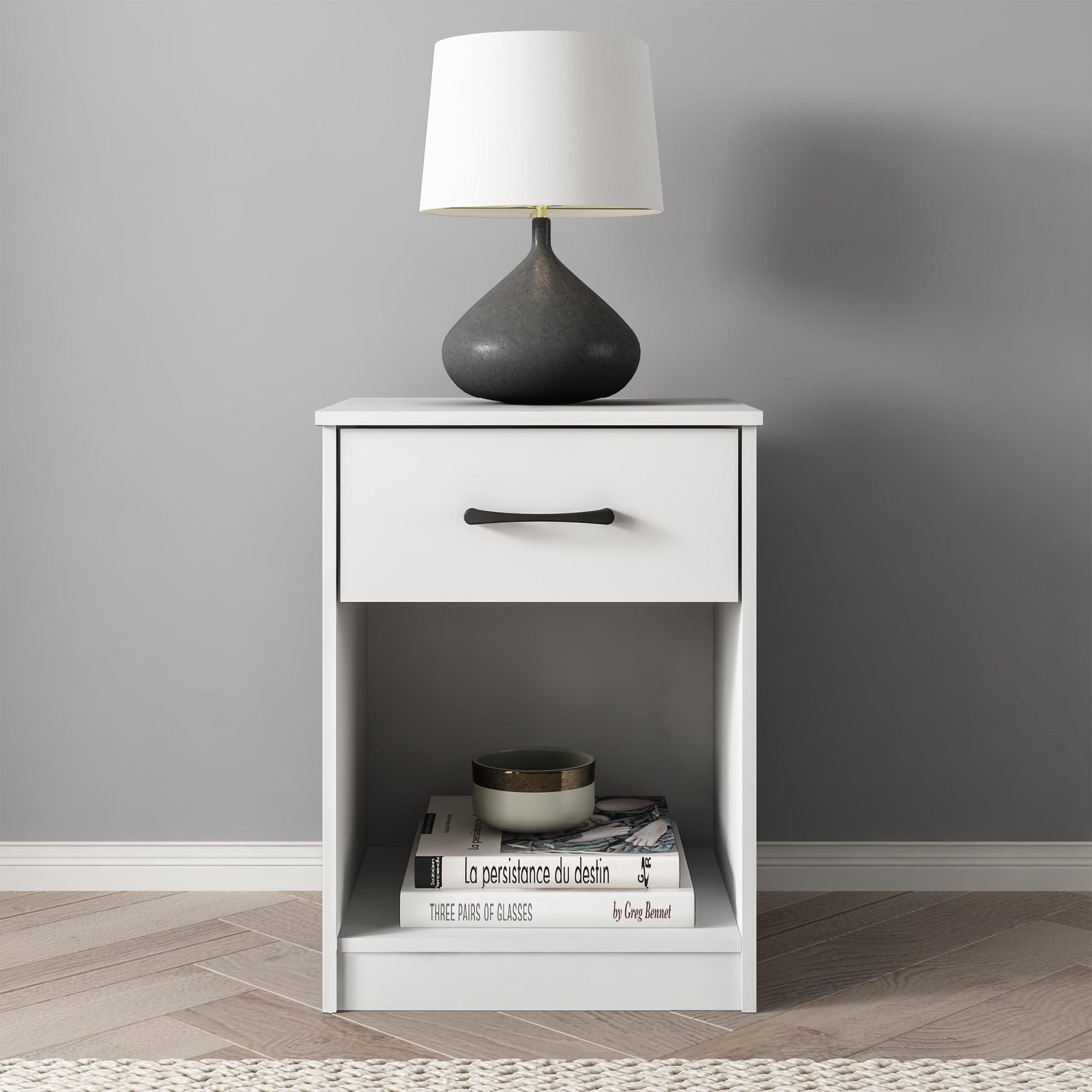 White Laminate 1-Drawer Nightstand with Open Shelf