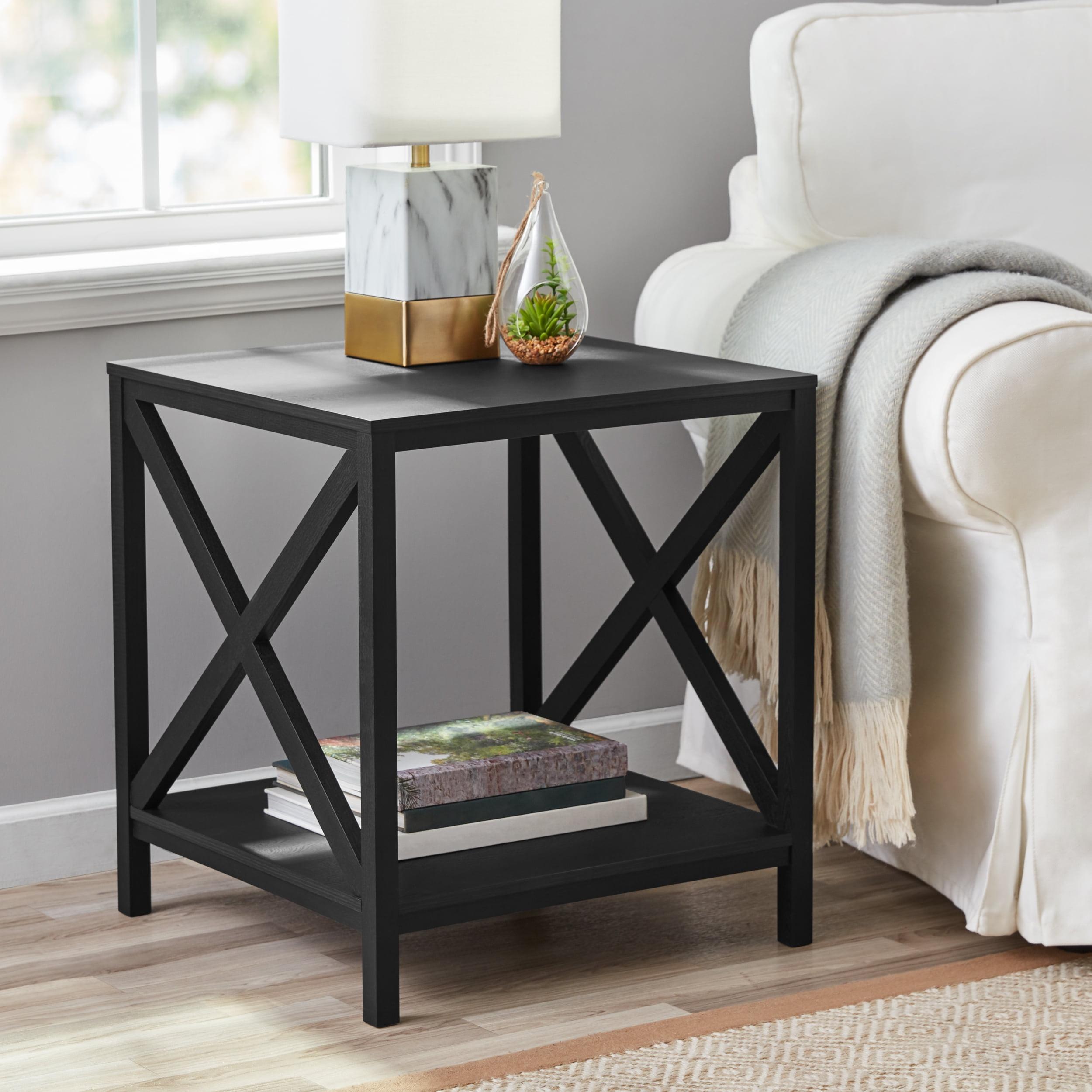 Black Wood Grain Farmhouse Square Side Table with Shelf