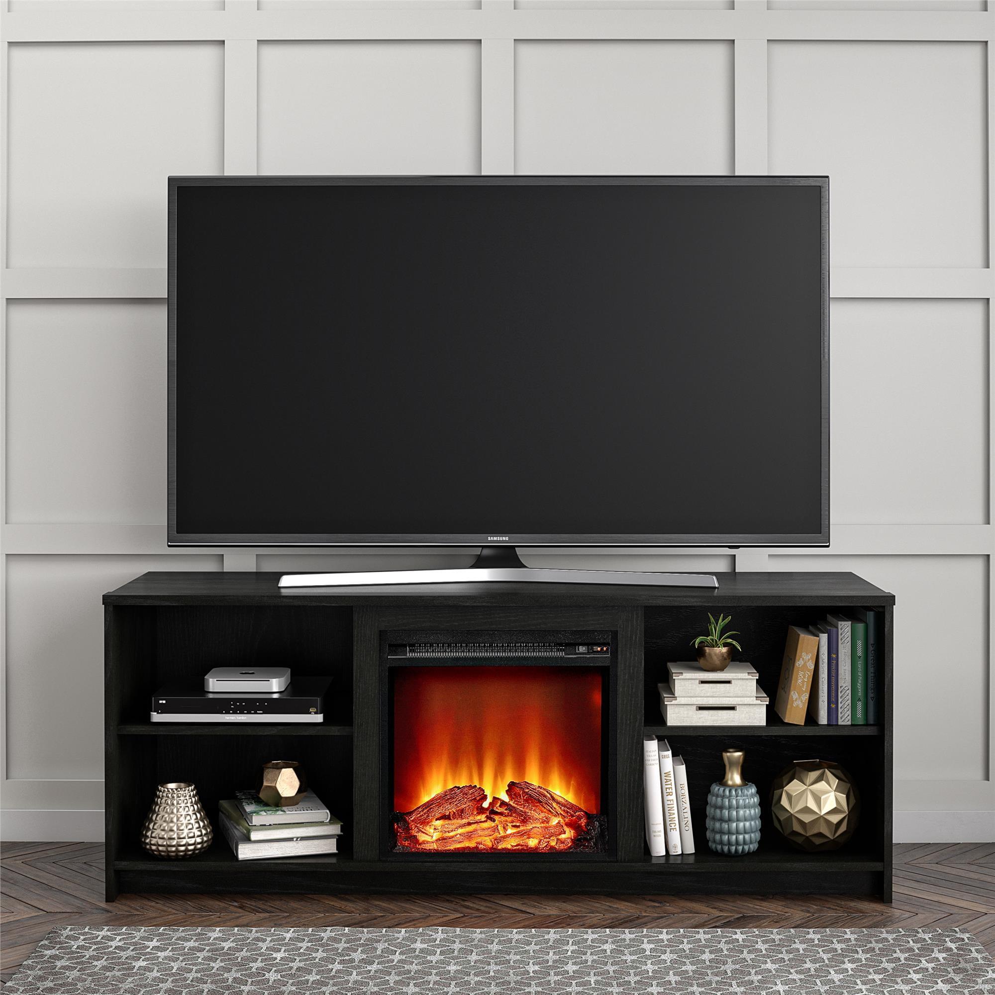 Black Oak Fireplace TV Stand with Cabinet for 65" TVs