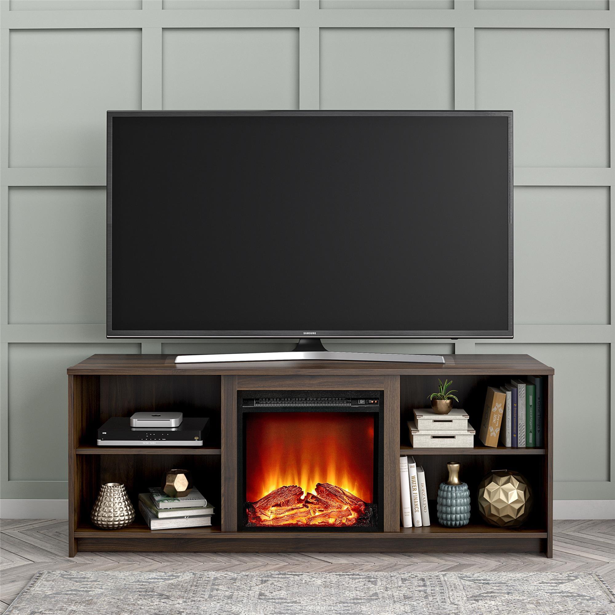 Florence Walnut 65" TV Stand with Electric Fireplace and Cabinet