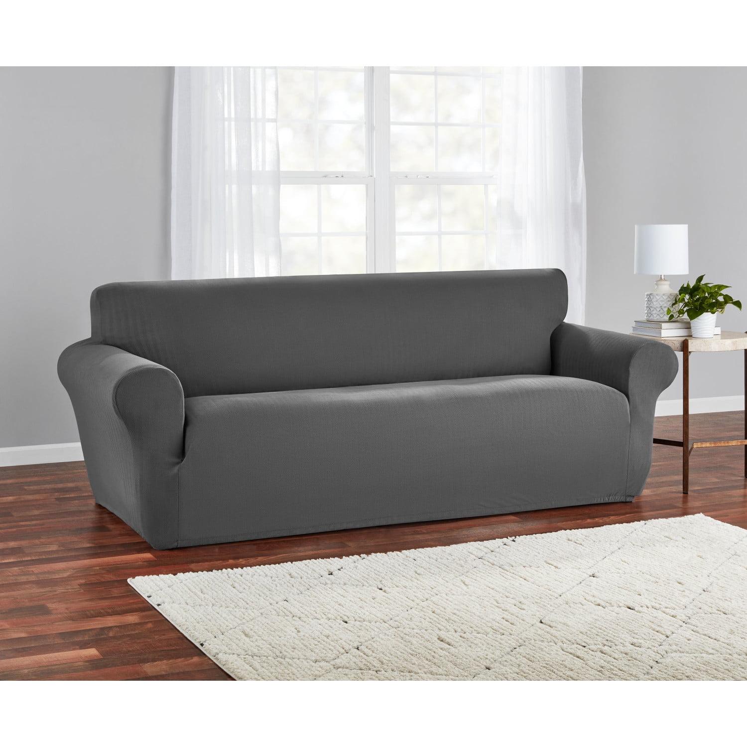 Mainstays Herringbone Stretch-to-Fit Sofa Slipcover, 1-Piece, Charcoal Gray