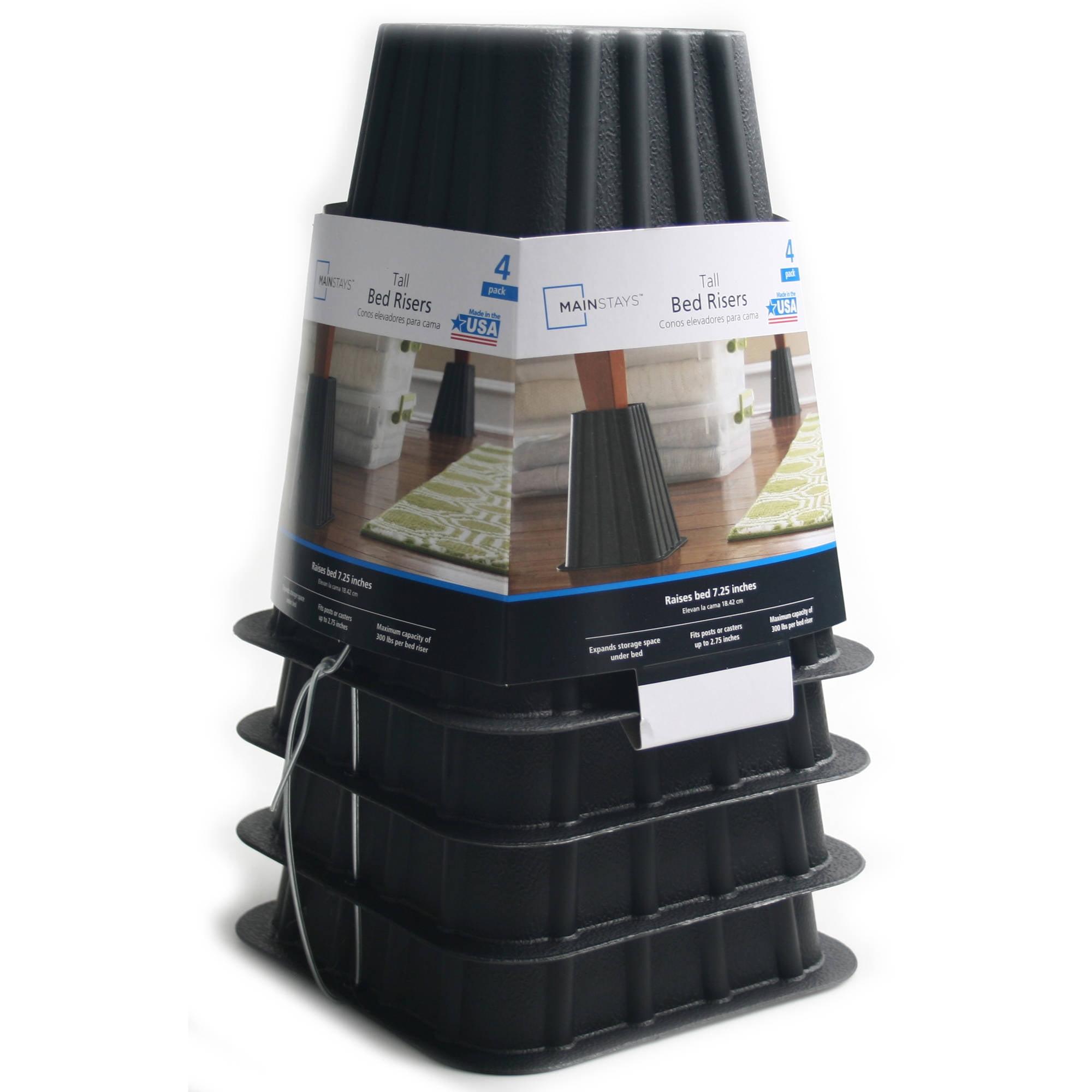 Mainstays Home Management Tall Bed Risers, Black, 4-Pack, Assembled Size 6.75 in x 6.75 in x 8 in