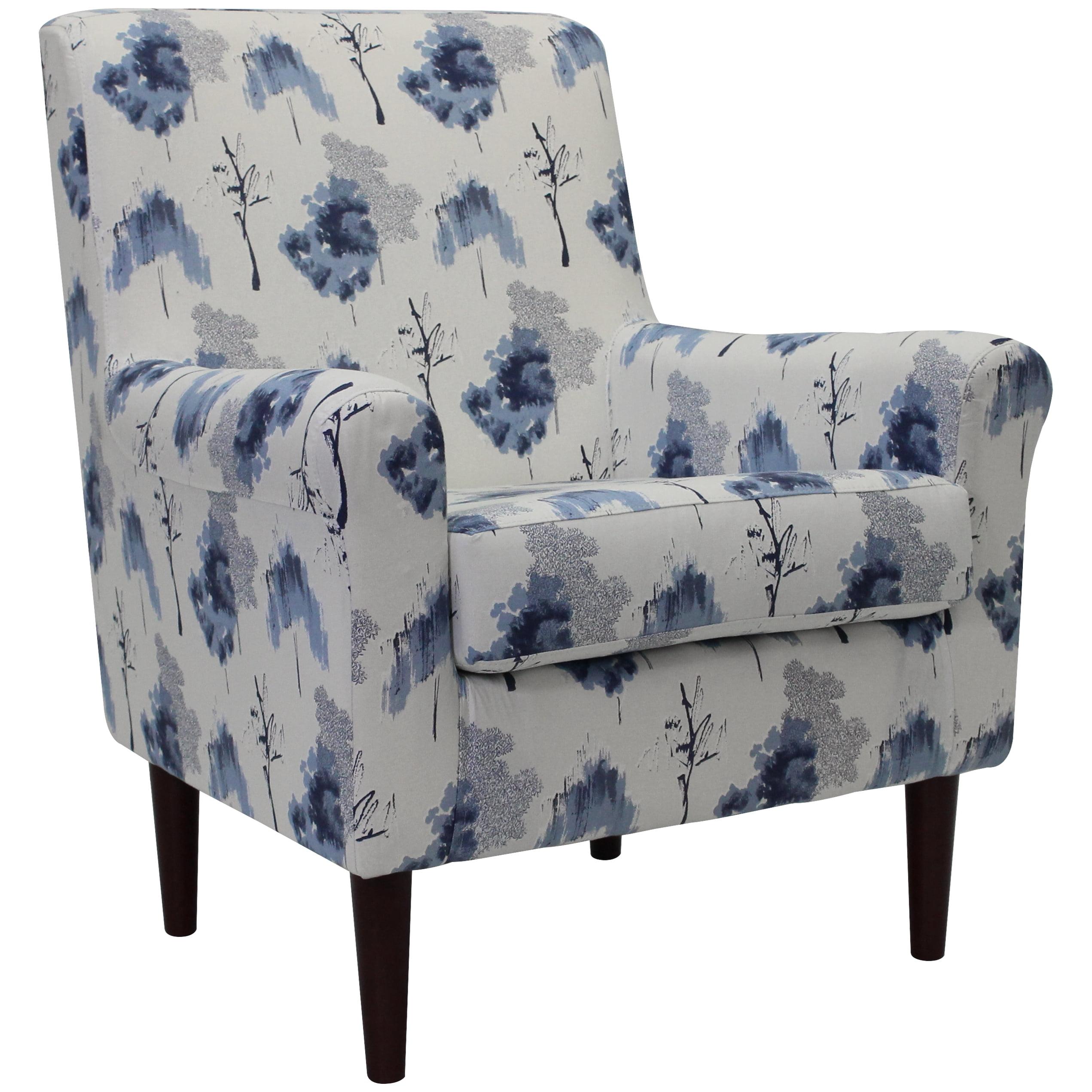 Blue Geometric Patterned Armchair with Brown Wooden Legs