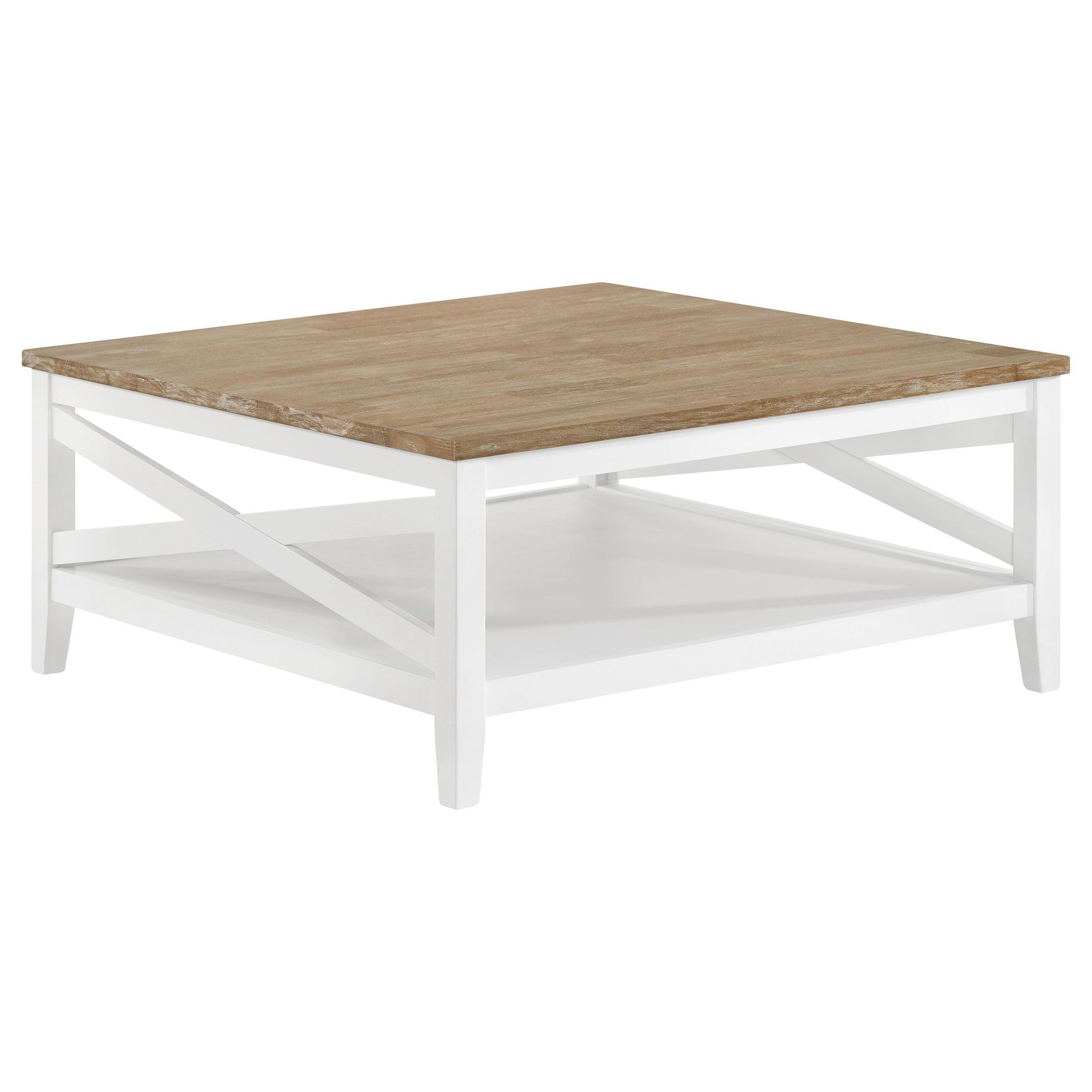 Coastal Brown and White Square Wood Coffee Table with Shelf