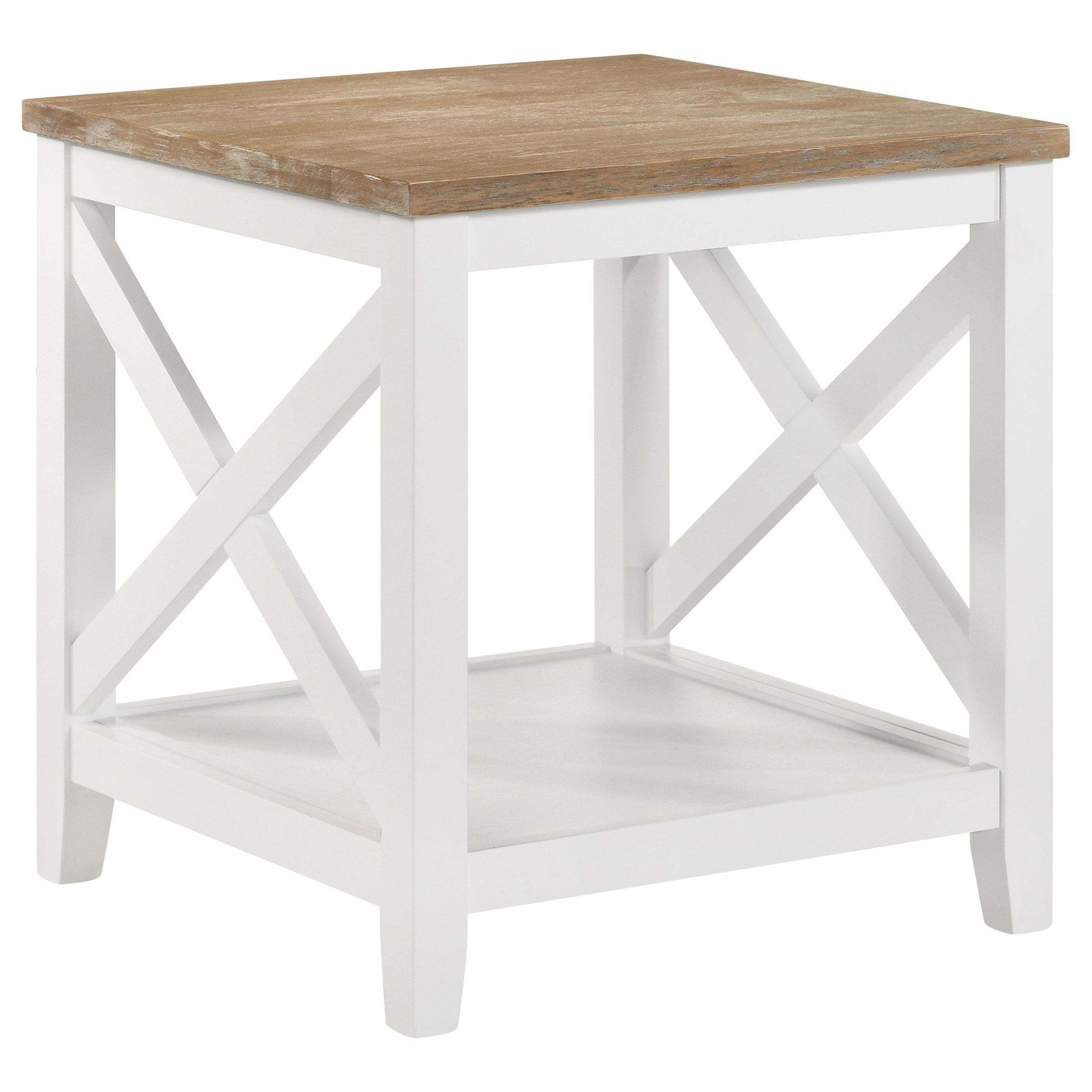 Coastal Brown and White Square Wooden End Table with Shelf