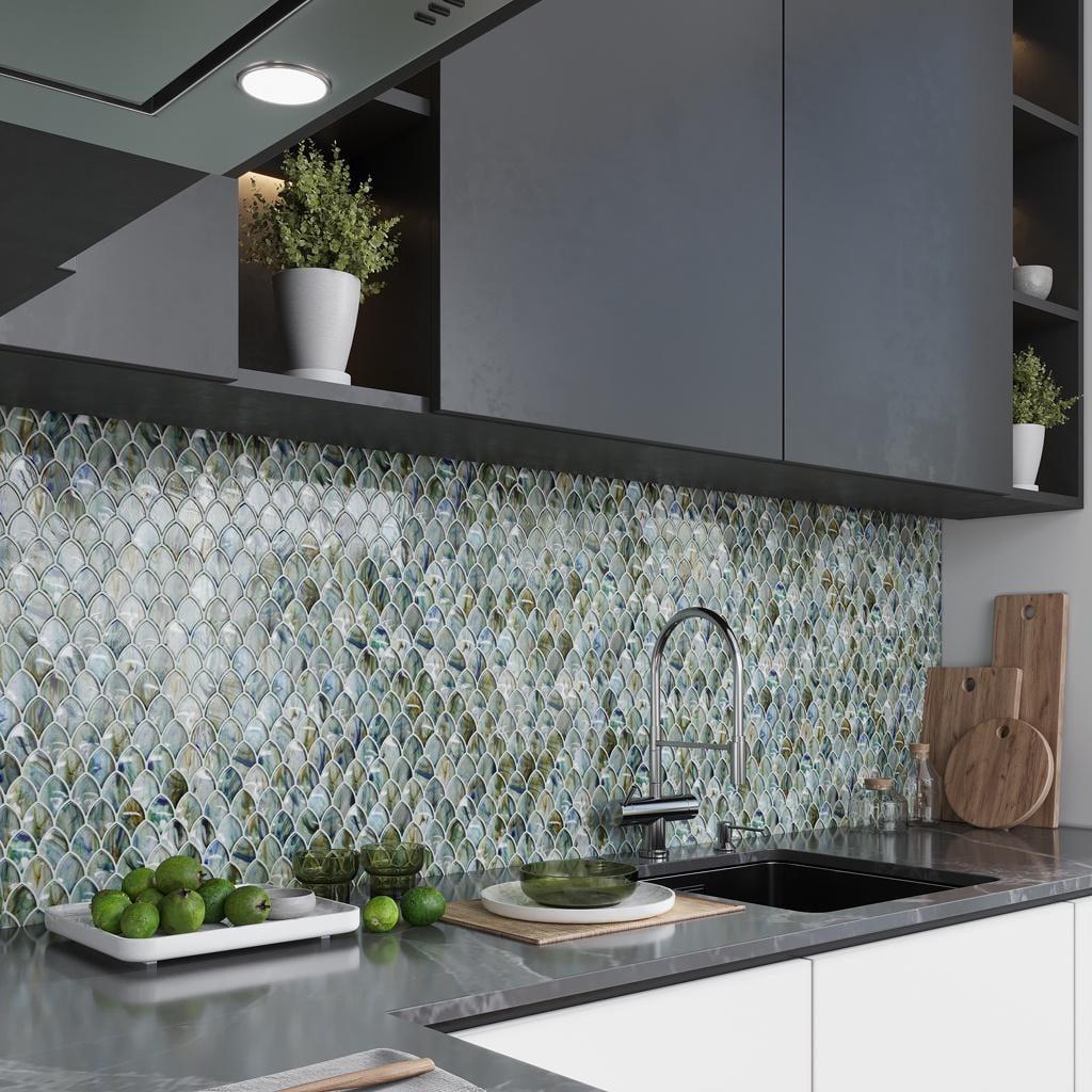 Majeste Glossy Blue and Silver Iridescent Glass Mosaic Tile