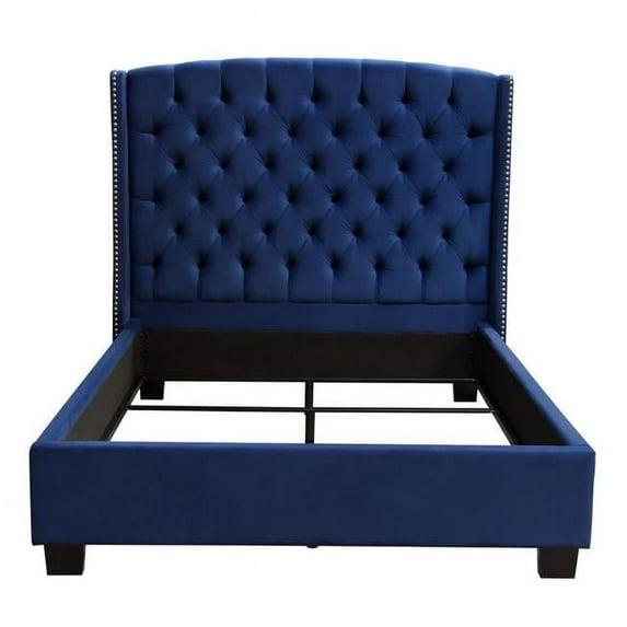Majestic Eastern King Tufted Bed in Royal Navy Velvet, Nail Head Wing Accents
