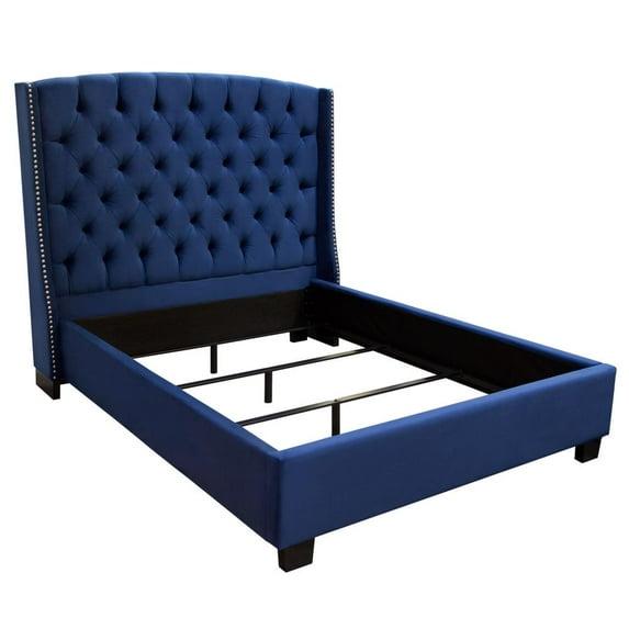 Majestic Eastern King Tufted Bed in Royal Navy Velvet, Nail Head Wing Accents