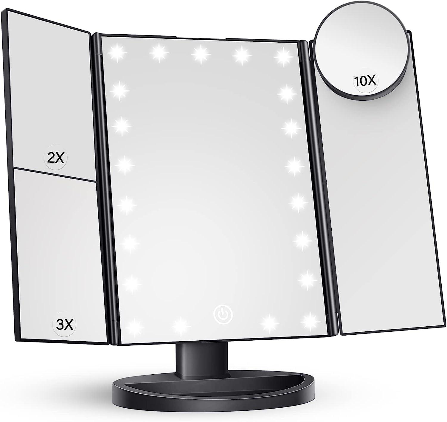 Makeup Mirror Vanity with Lights, 2X 3X 10X Magnification, Lighted Mirror, Touch Control, Trifold Dual Power Supply, Portable LED Women Gift (Black)