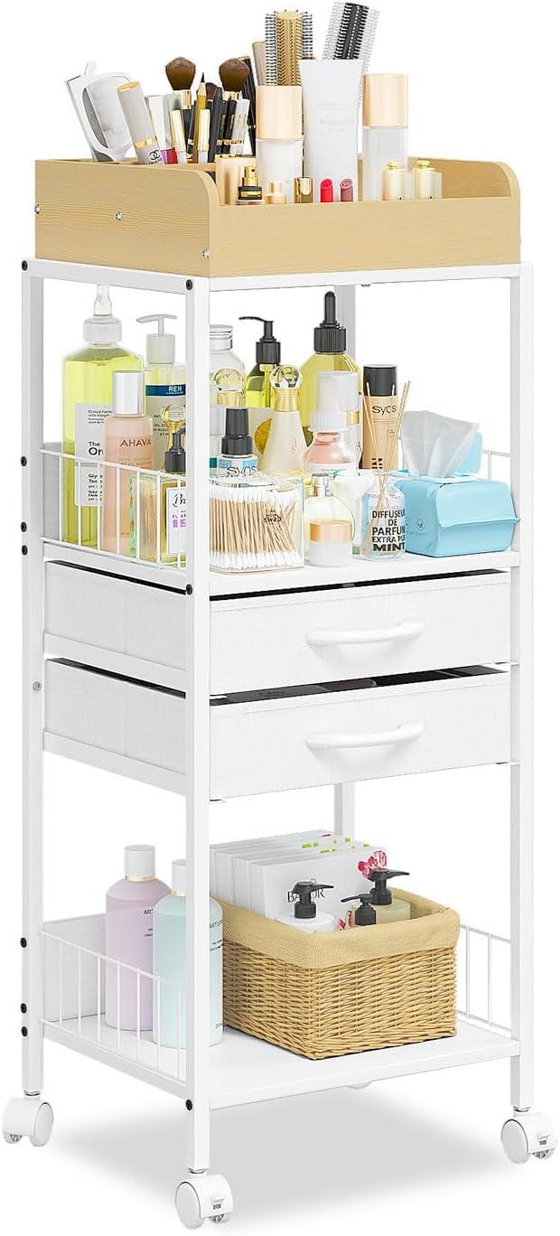 Makeup Organizer Cart with Drawers, Floor Skin Care Organizers, Rolling Bathroom Make Up Organizers and Storage, Vanity Organizer Cosmetics Display for Nail Polish Perfume Makeup Brush(White)