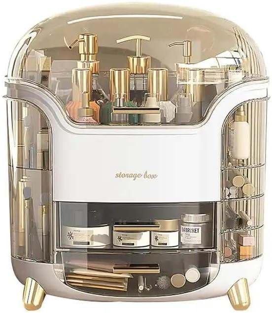 Makeup bag Storage Box, Countertop Portable Vanity Cosmetics MAKE UP bathroom organizers and Storage, Cosmetics Organizer Box for Countertop & Drawers, Skincare Organizers Box by KME (White 360)