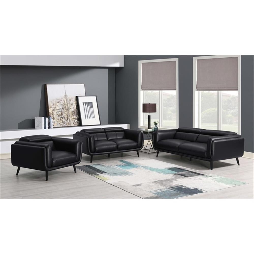 Maklaine Black Faux Leather 3-Piece Living Room Set with Dark Brown Legs