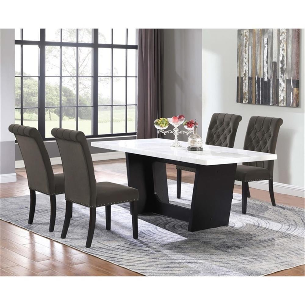 Rustic Espresso and White Marble 5-Piece Dining Set with Brown Velvet Chairs