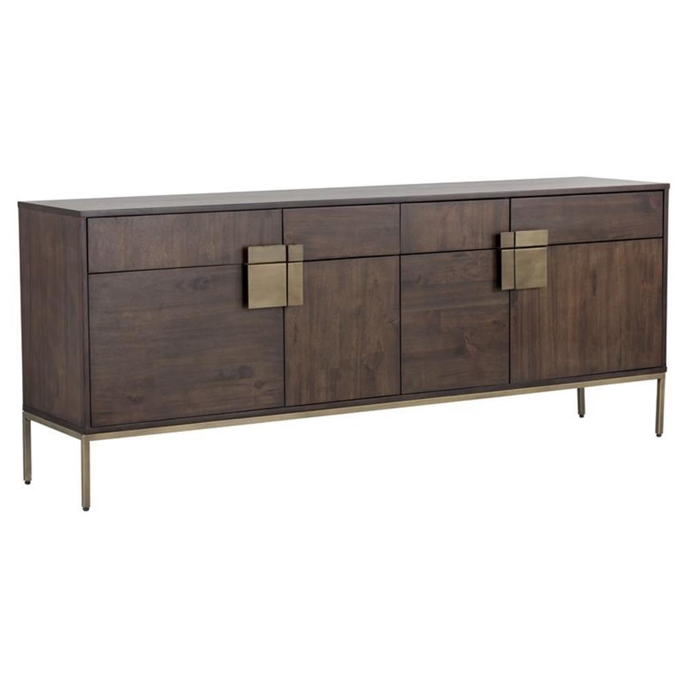 Maklaine 78.75" Dark Brown Acacia Wood Sideboard with Antique Brass Accents