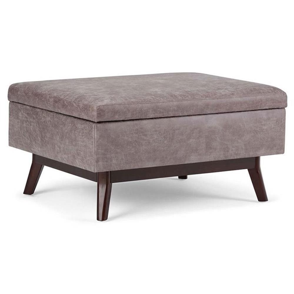 Simpli Home Owen 34 inch Wide Mid Century Modern Rectangle Tray Top Small Coffee Table Storage Ottoman in Distressed Grey Faux Leather