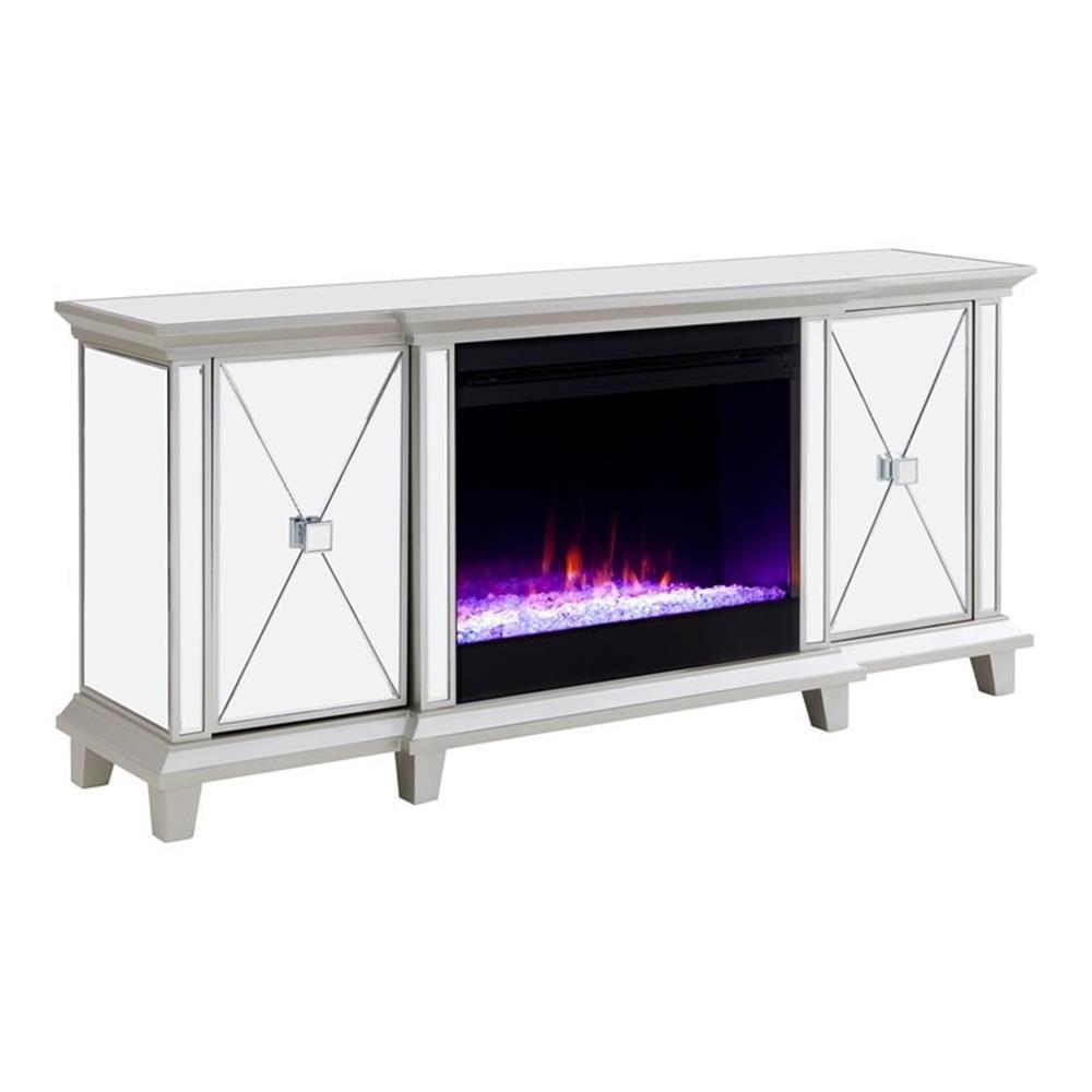 Mirrored Silver Electric Fireplace Media Console with Storage