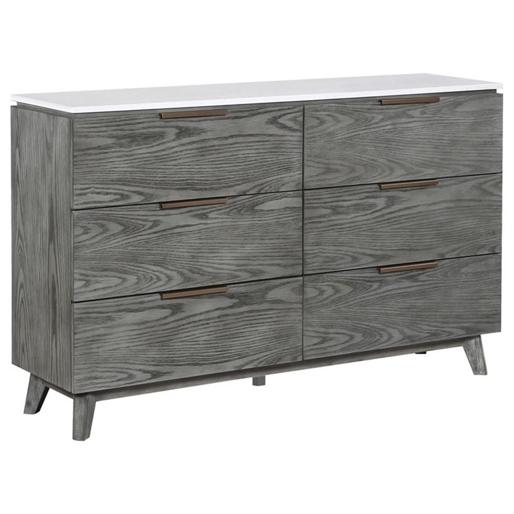 Gray Double Dresser with White Marble Top and Copper Pulls