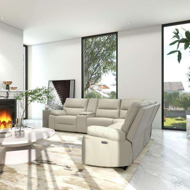Jennifer Taylor Home Malibu 130" Modern Power Motion 6-Piece Reclining Corner Sectional with Cup Holders, Cream Taupe Beige Top Grain Leather