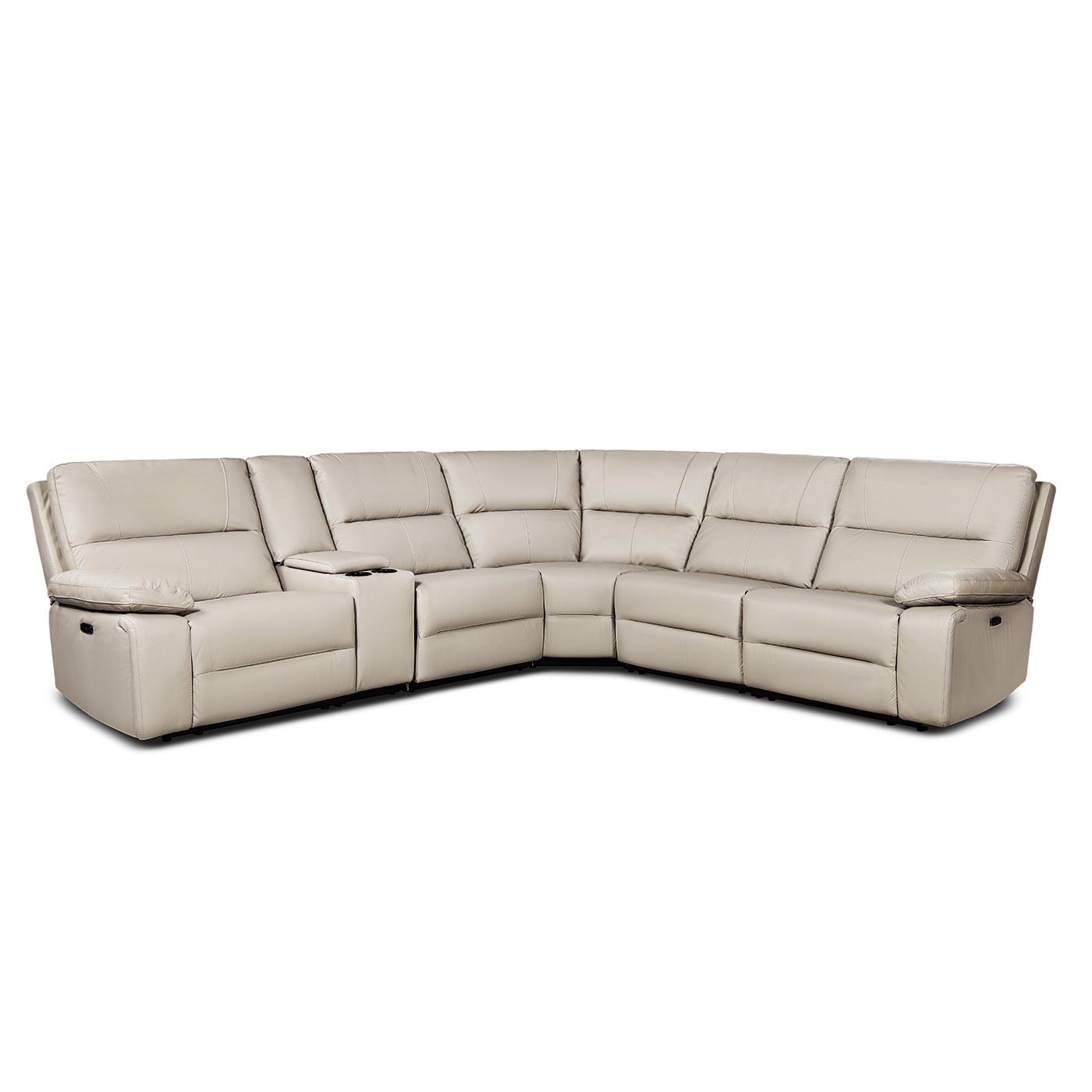 Jennifer Taylor Home Malibu 130" Modern Power Motion 6-Piece Reclining Corner Sectional with Cup Holders, Cream Taupe Beige Top Grain Leather