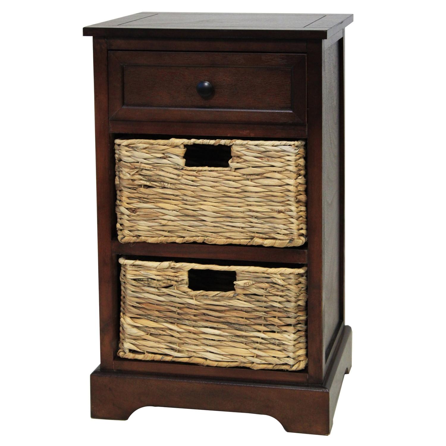 Modern Espresso Rattan-Wicker Rectangular Nightstand with Storage Drawer