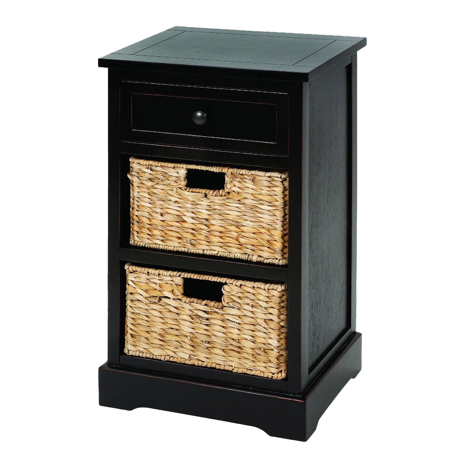 Espresso Wood Nightstand with Rattan Baskets