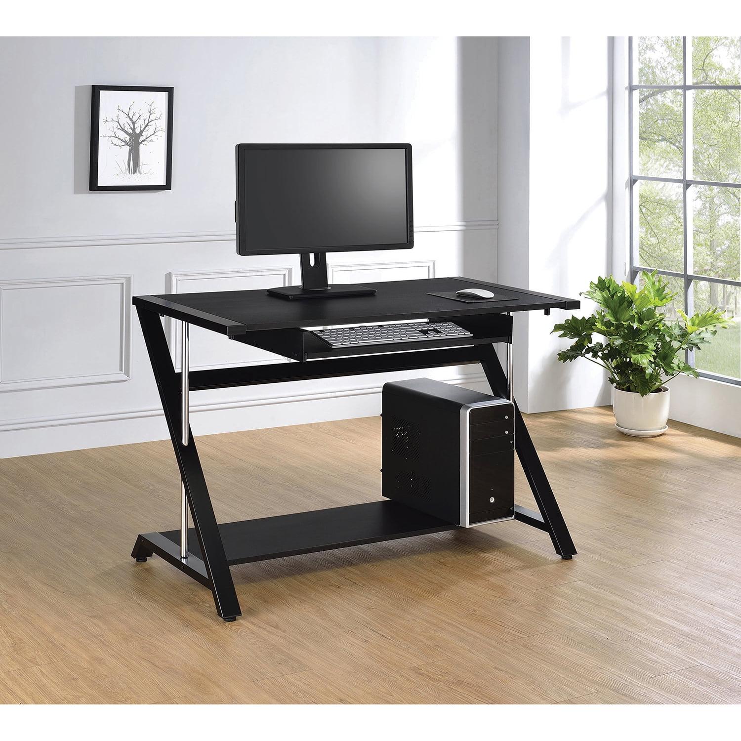 Mallet Computer Desk with Keyboard Tray & Storage Shelf Black - Coaster: Compact, Angled Silhouette, Chrome Detail