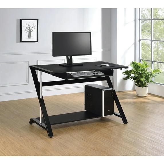 Mallet Computer Desk with Keyboard Tray & Storage Shelf Black - Coaster: Compact, Angled Silhouette, Chrome Detail