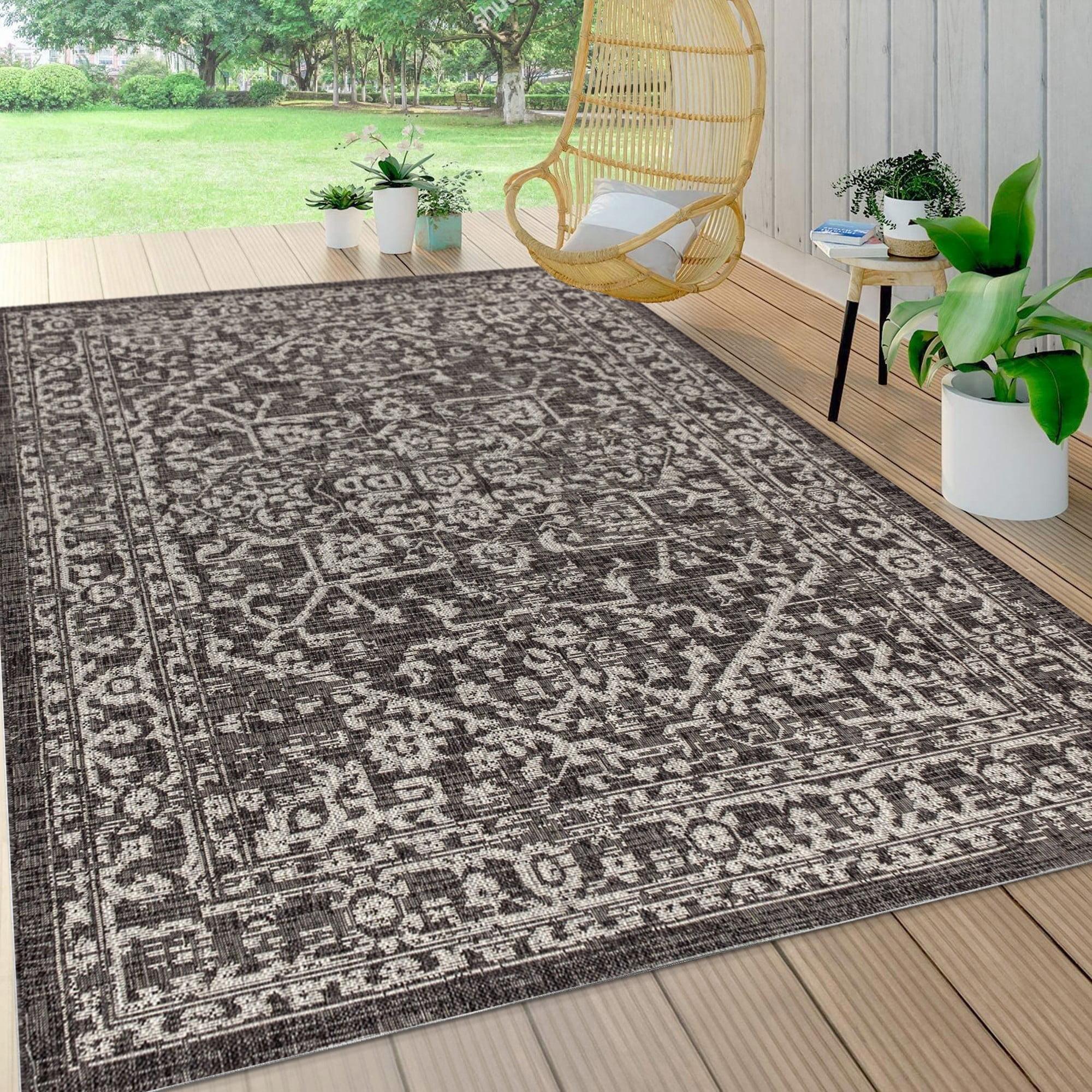 5'x8' Malta Bohemian Medallion Textured Weave Indoor/Outdoor Area Rug, Black/Gray - JONATHAN Y