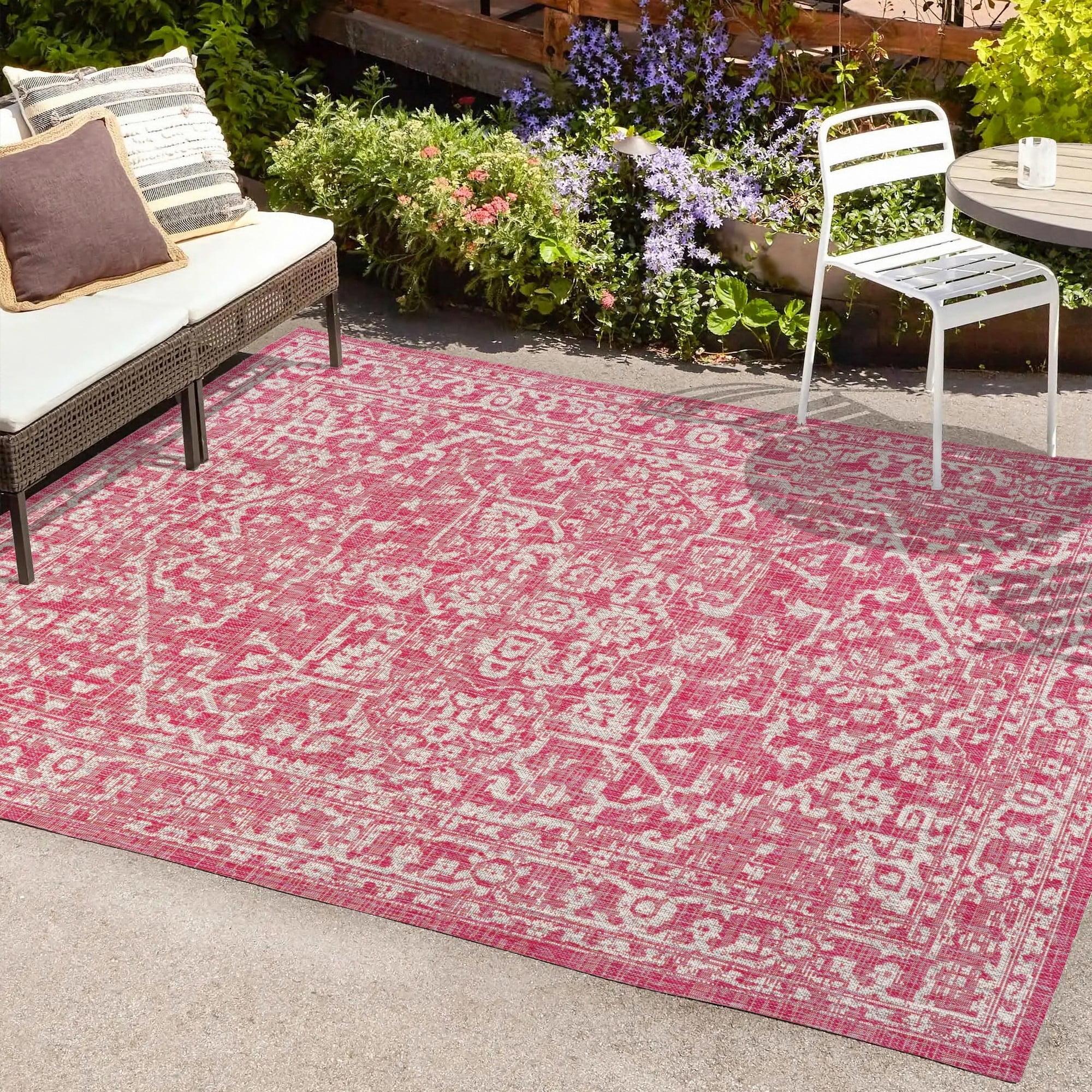 9' x 12' Malta Bohemian Medallion Textured Weave Indoor/Outdoor Area Rug, Fuchsia/Light Gray - JONATHAN Y