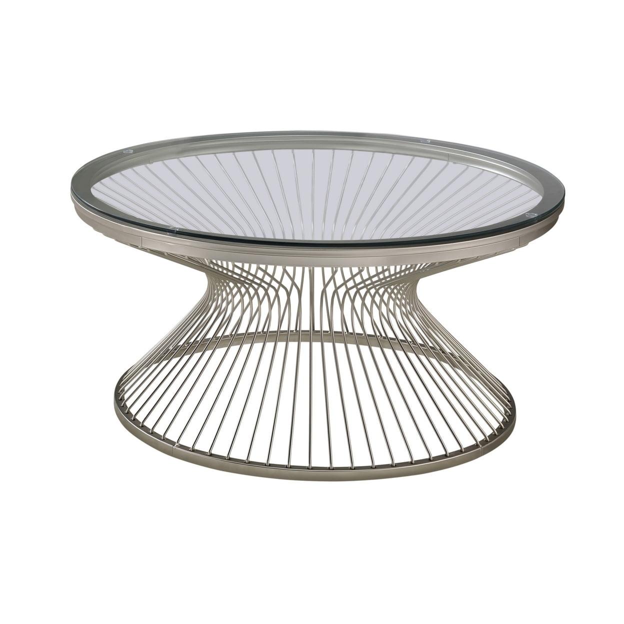 Satin Silver 35.5" Round Metal and Glass Lift-Top Coffee Table