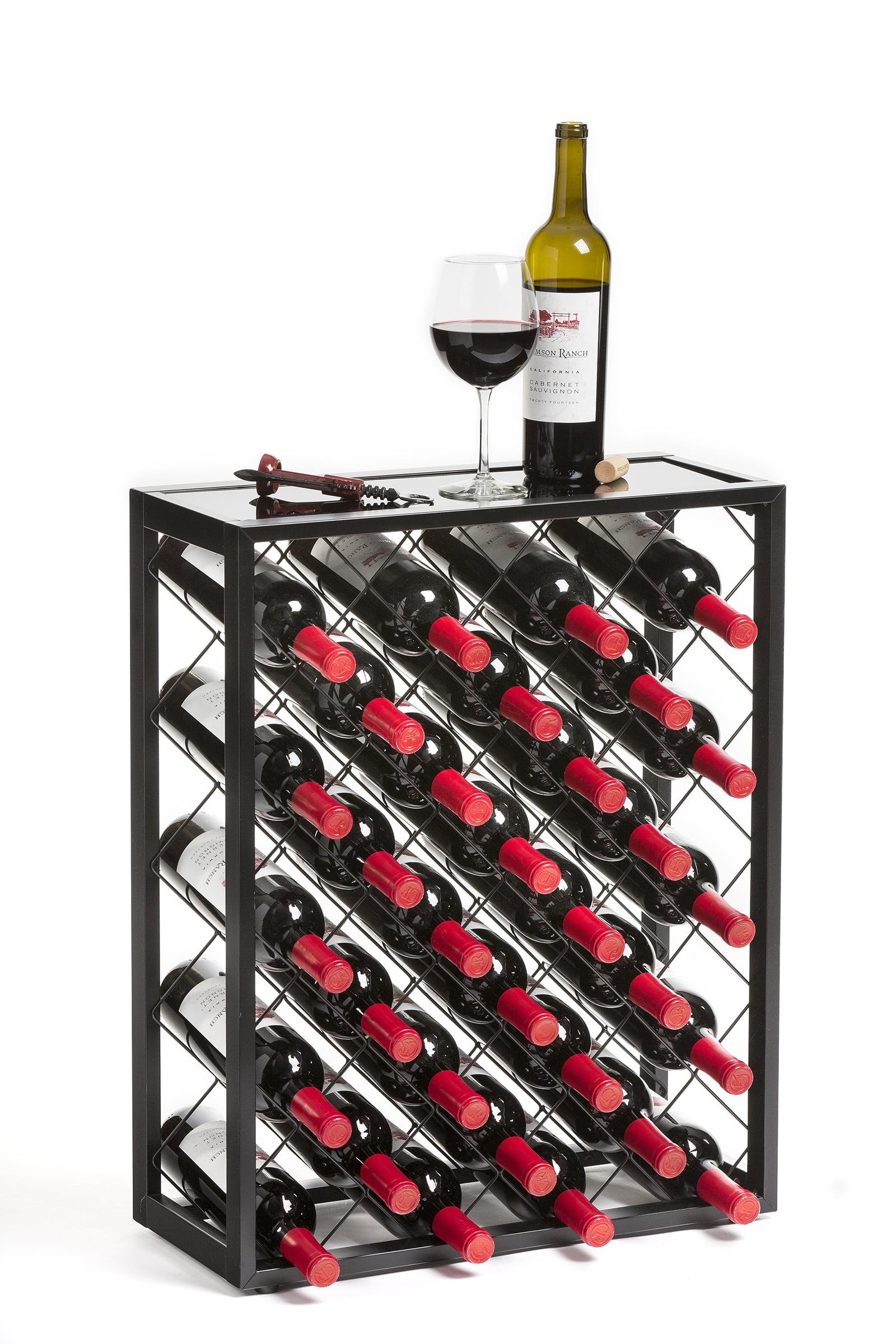 Black Steel 32-Bottle Wine Rack with Glass Top Shelf